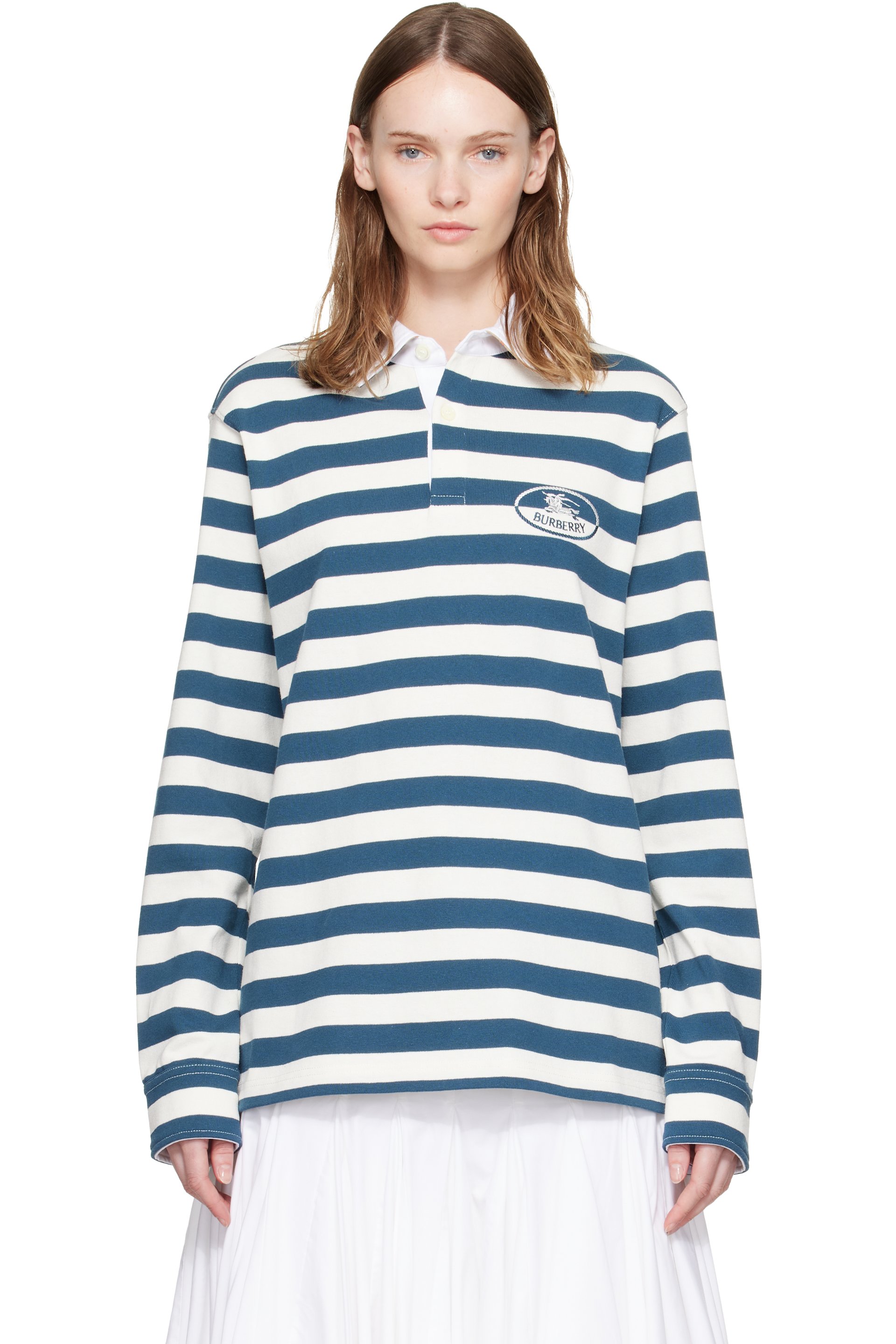 Burberry - White & Blue Knight Stamp Cotton Rugby Polo