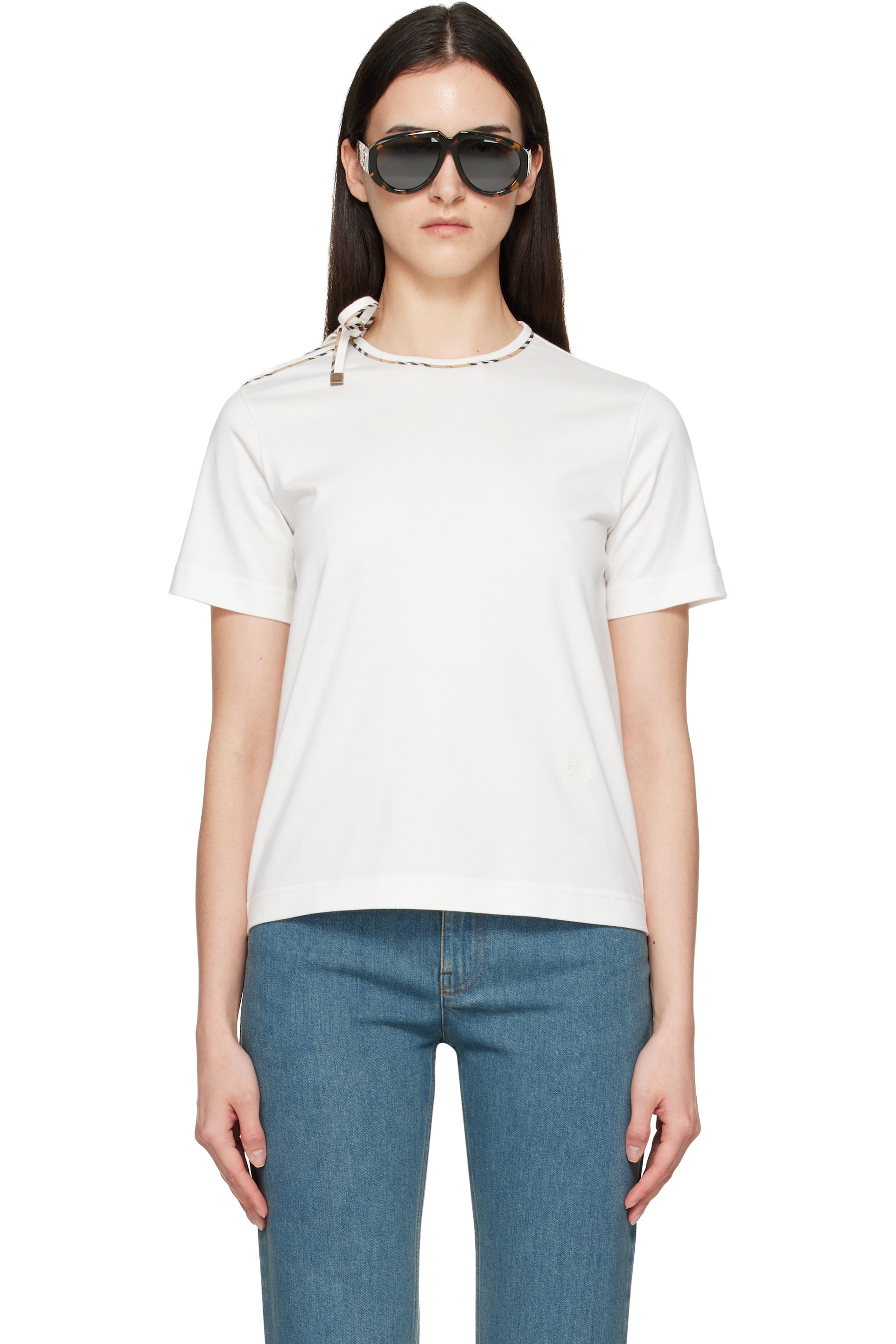 Burberry - T-shirt blanc cassé en coton à attache à nouer