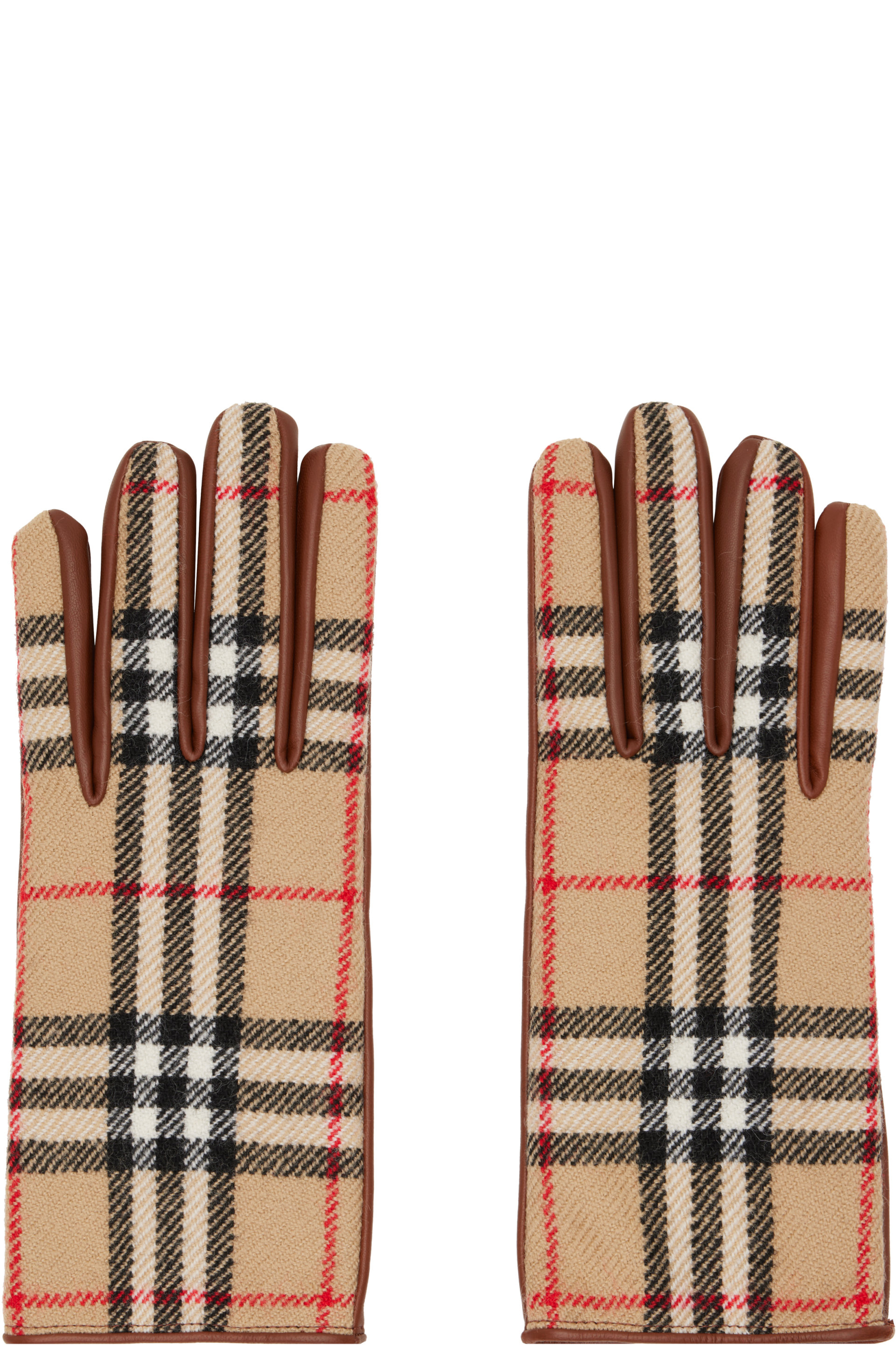 Burberry - Gants beige et brun en laine à carreaux