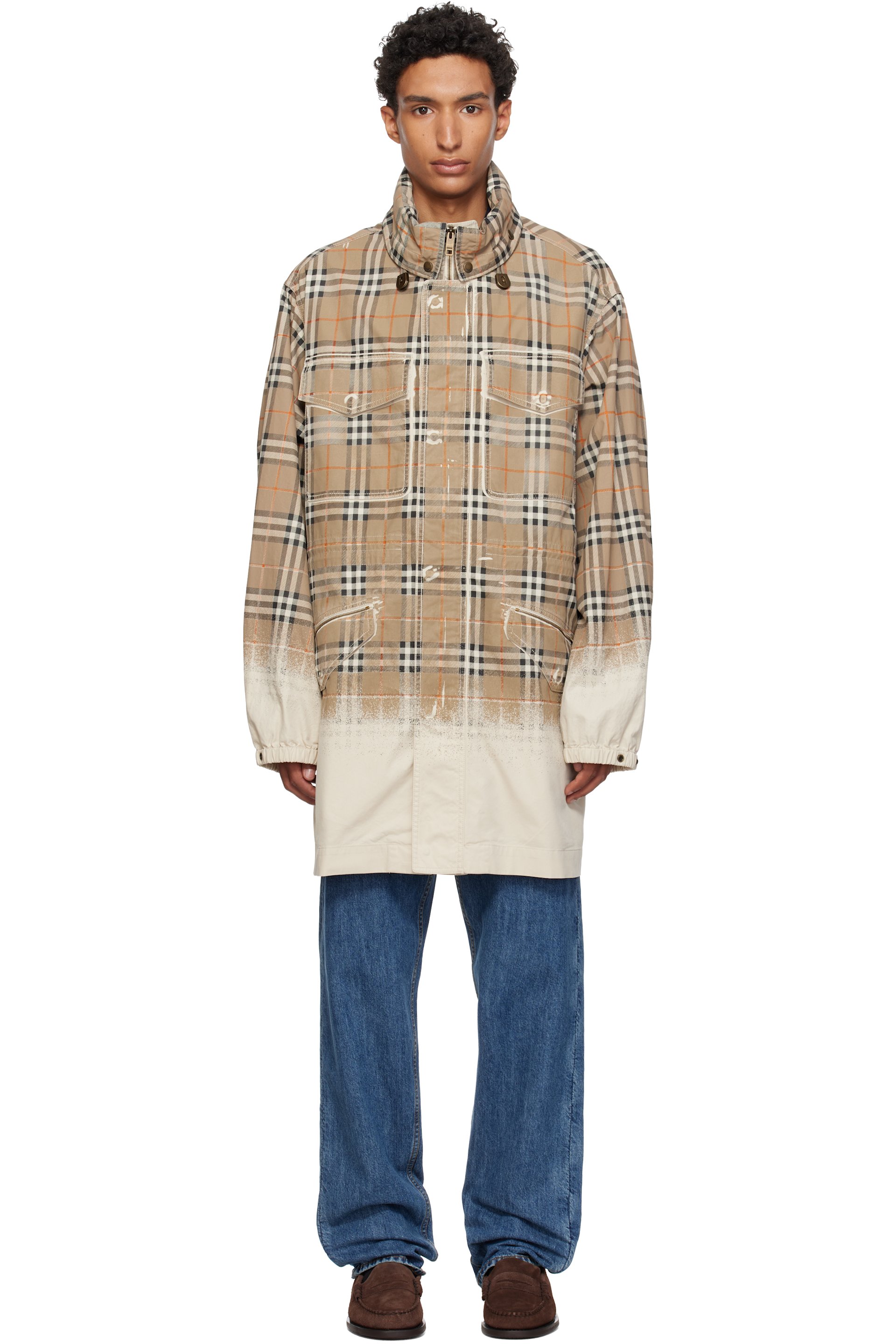 Burberry - Parka beige en gabardine à motif à carreaux dégradé