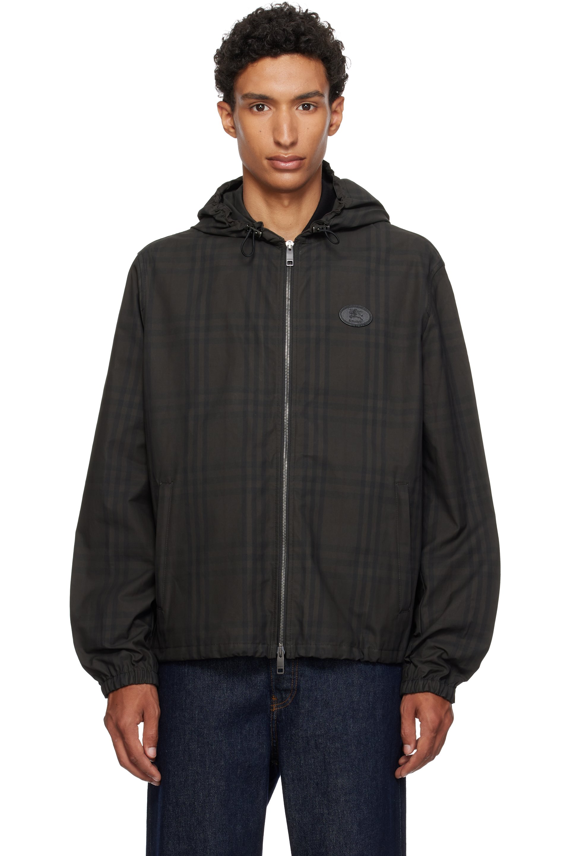 Burberry - Blouson Newport noir en coton à carreaux et à capuche