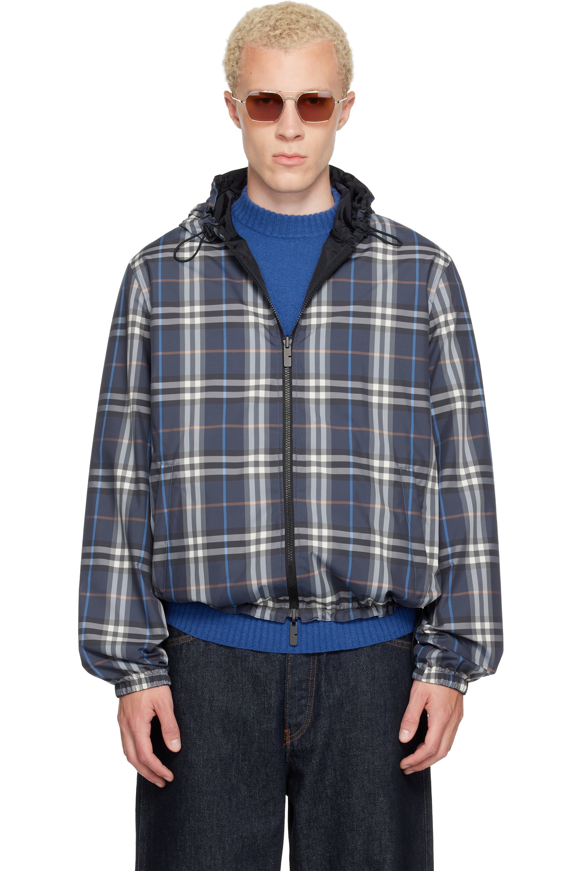 Burberry - Navy Check Newport Hooded Reversible Jacket