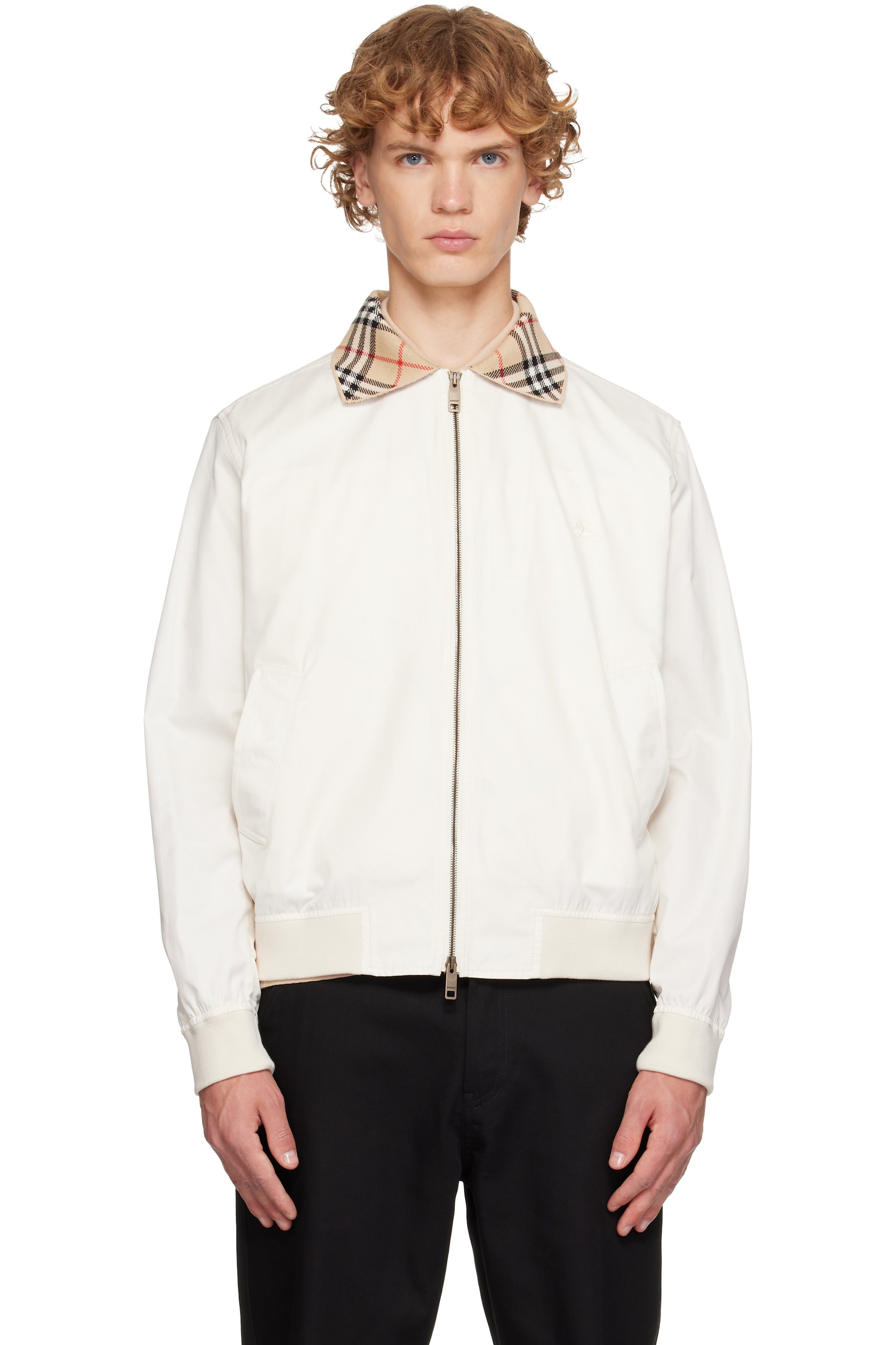 Burberry - Blouson Harrington Glenfields blanc cassé en gabardine