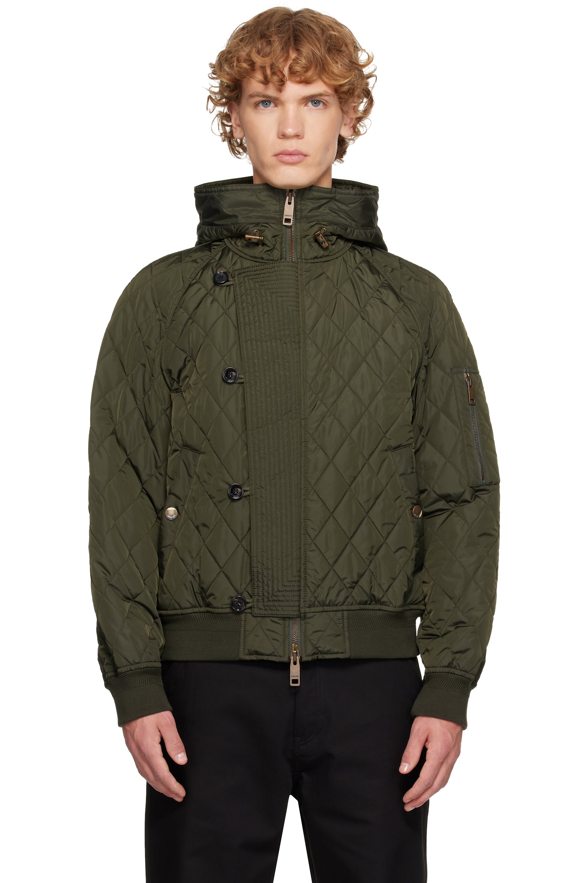 Burberry - Blouson aviateur matelassé kaki en nylon à capuche