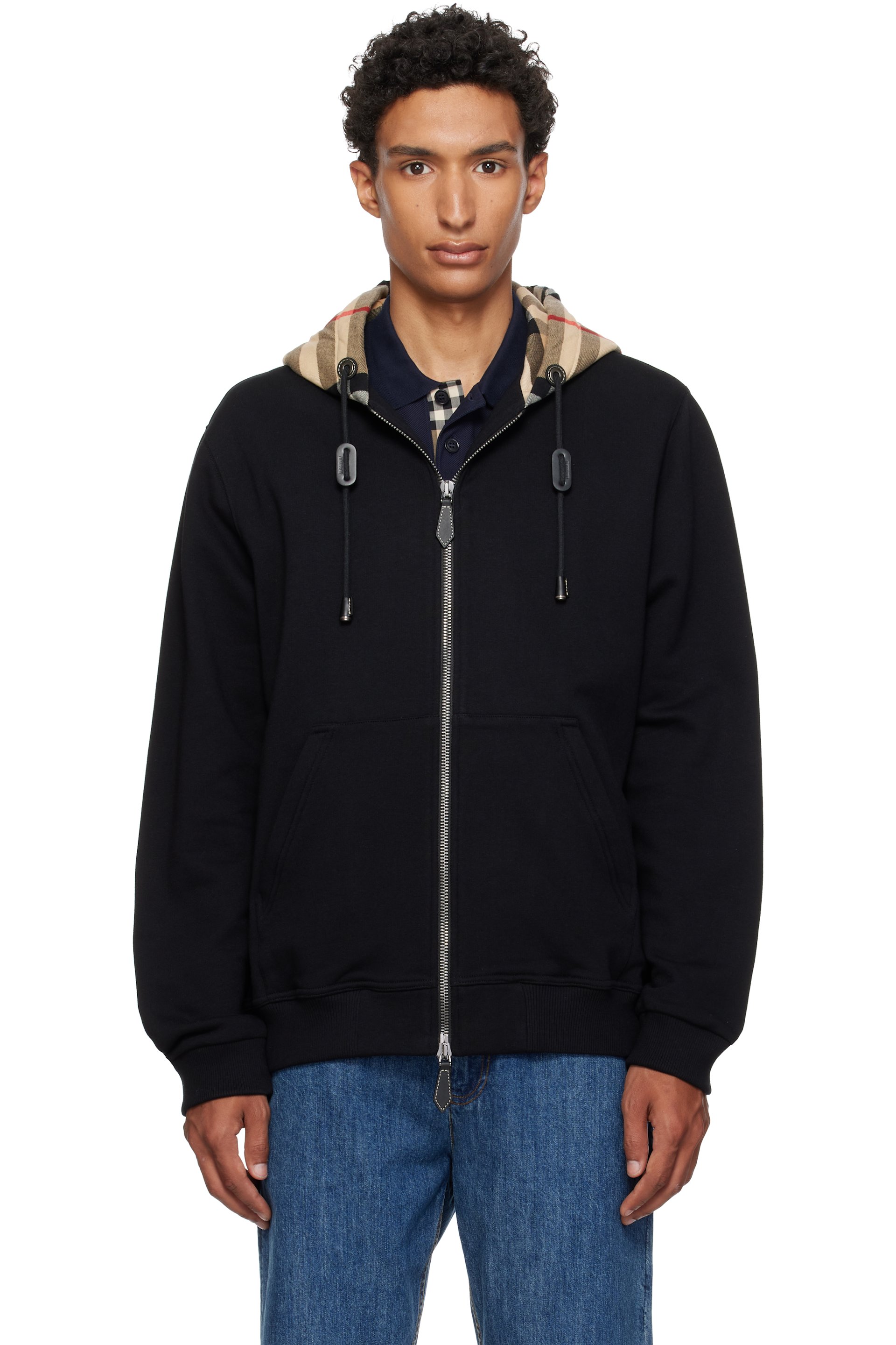 Burberry - Pull à capuche noir en coton à carreaux et à glissière