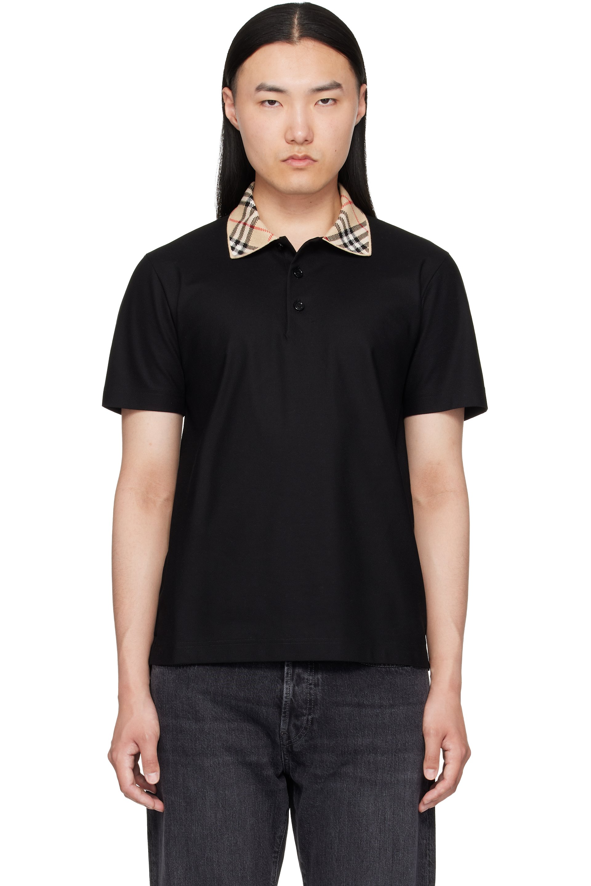 Burberry - Black Check Collar Cotton Polo