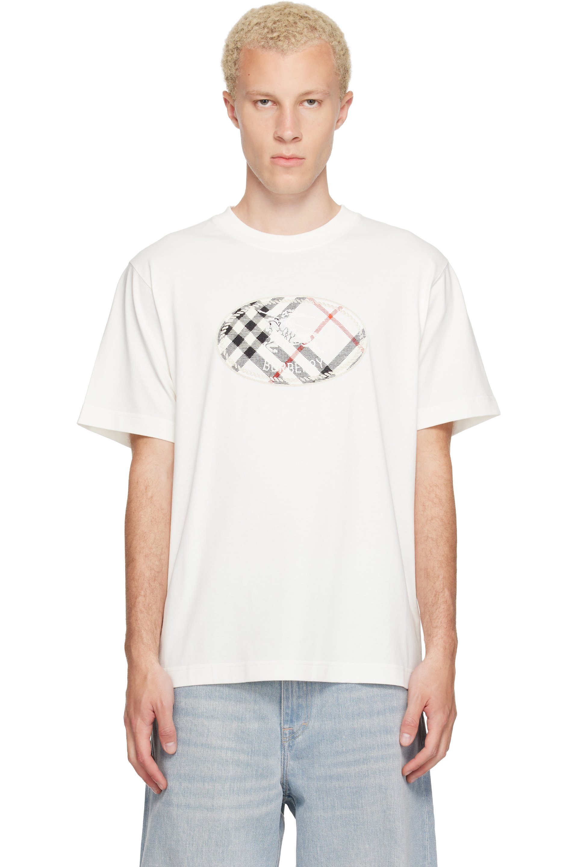 Burberry - White Check Knight Stamp Cotton T-shirt