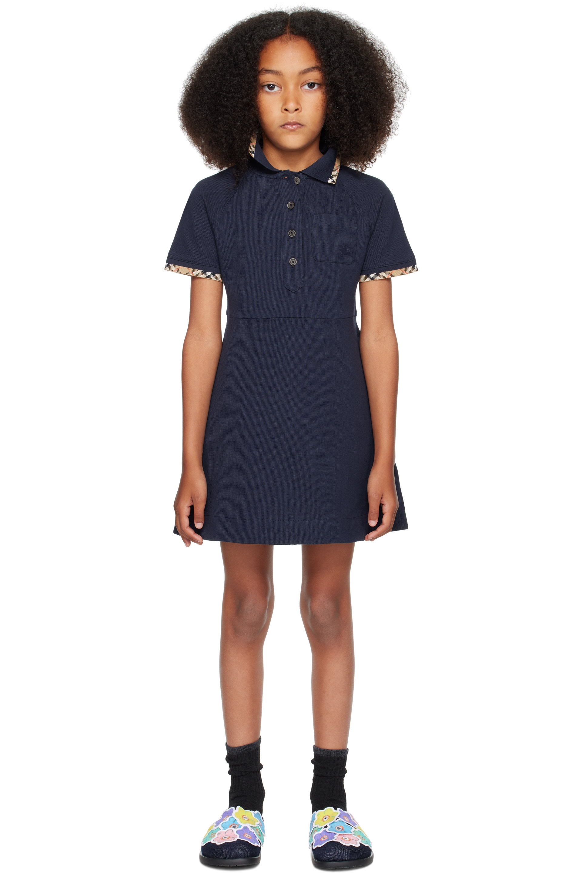 Burberry - 海军蓝 Check Trim Cotton Polo 儿童连衣裙