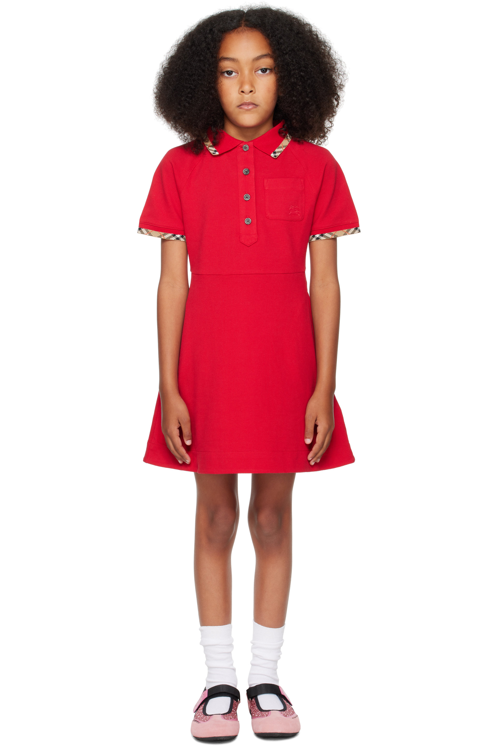 Burberry - Kids Red Check Trim Cotton Polo Shirt Dress