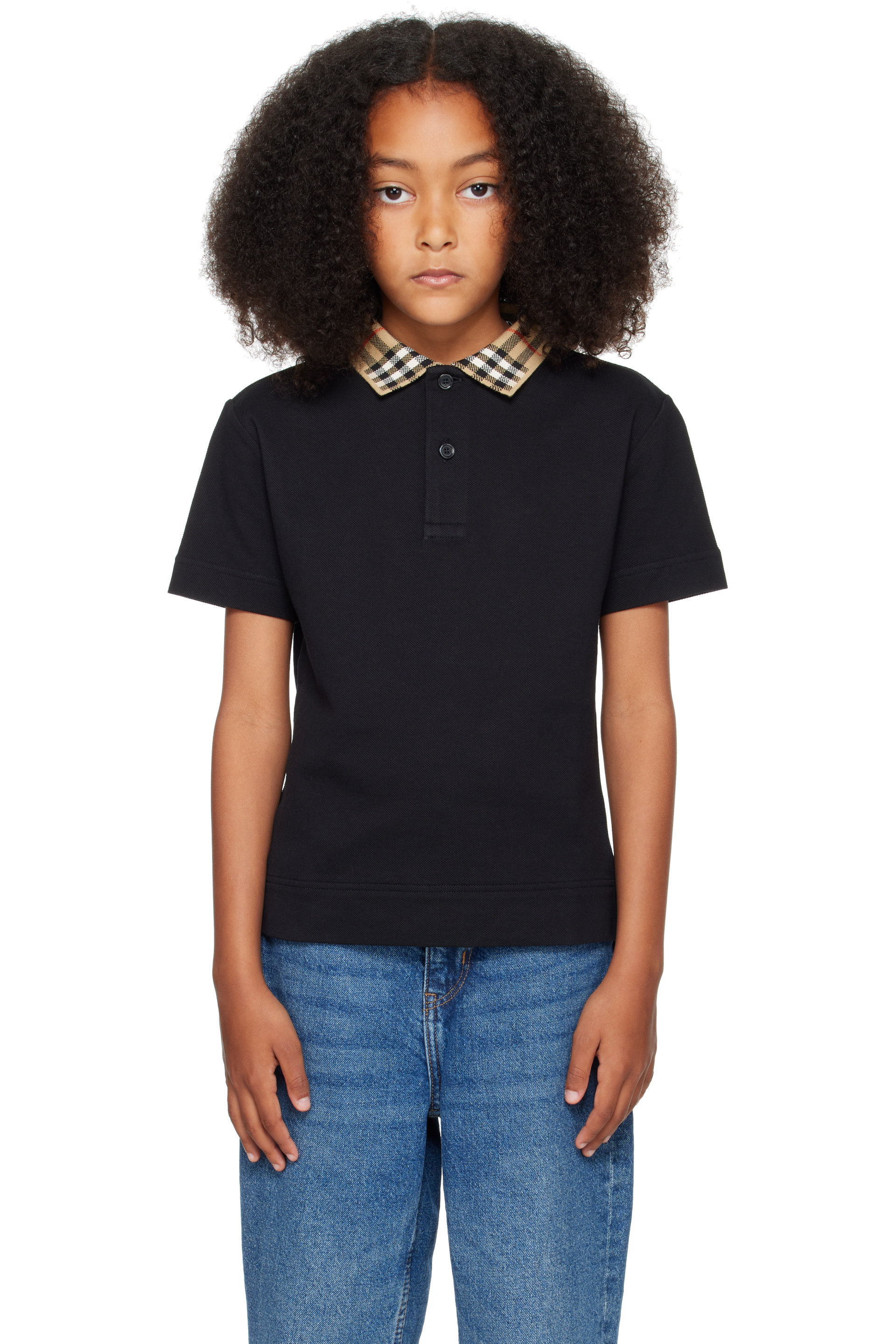 Burberry - 黑色 Check Collar Cotton 儿童 Polo 衫