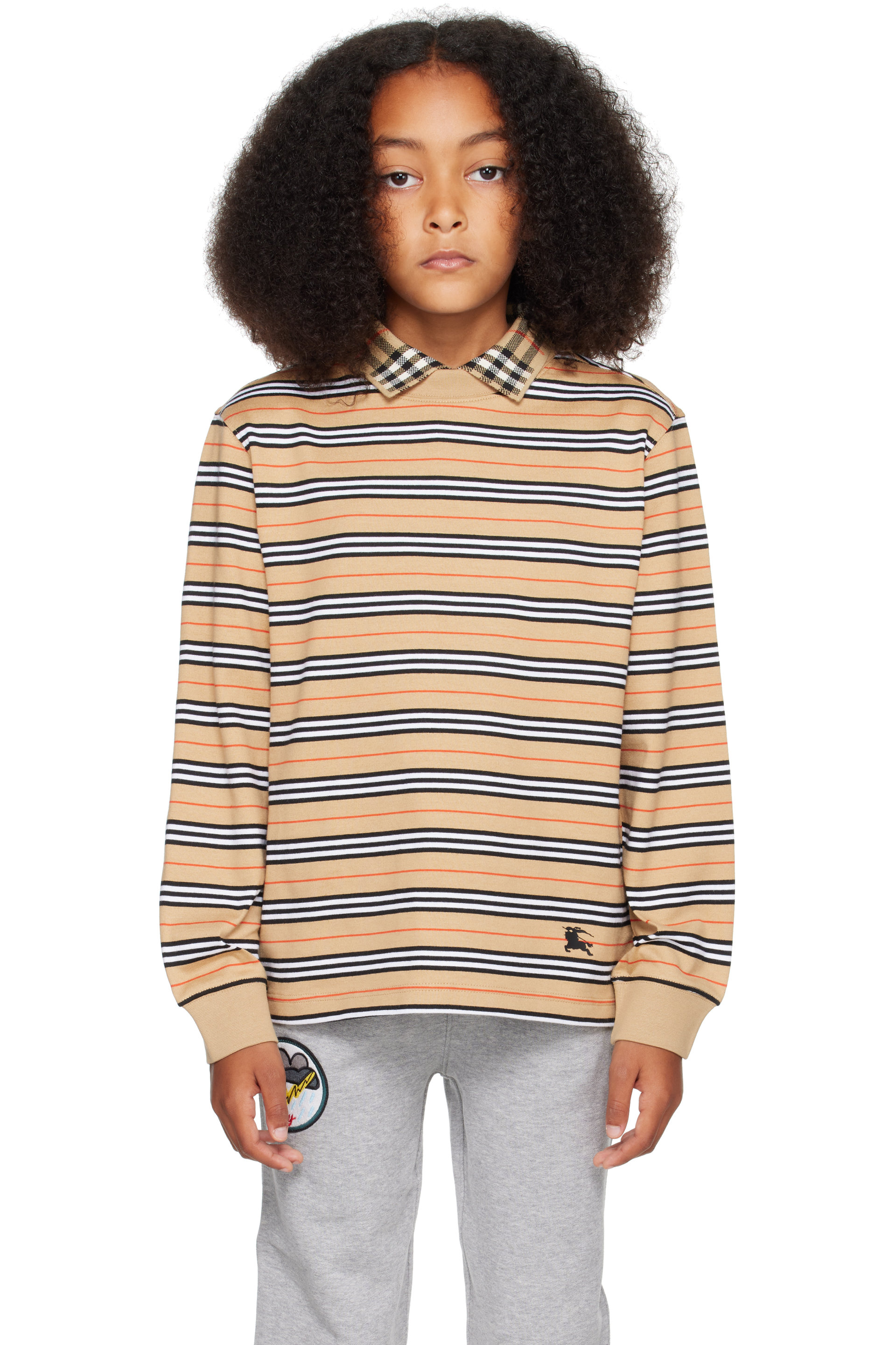 Burberry - 驼色 Long-Sleeve Icon Stripe Cotton 儿童 T 恤