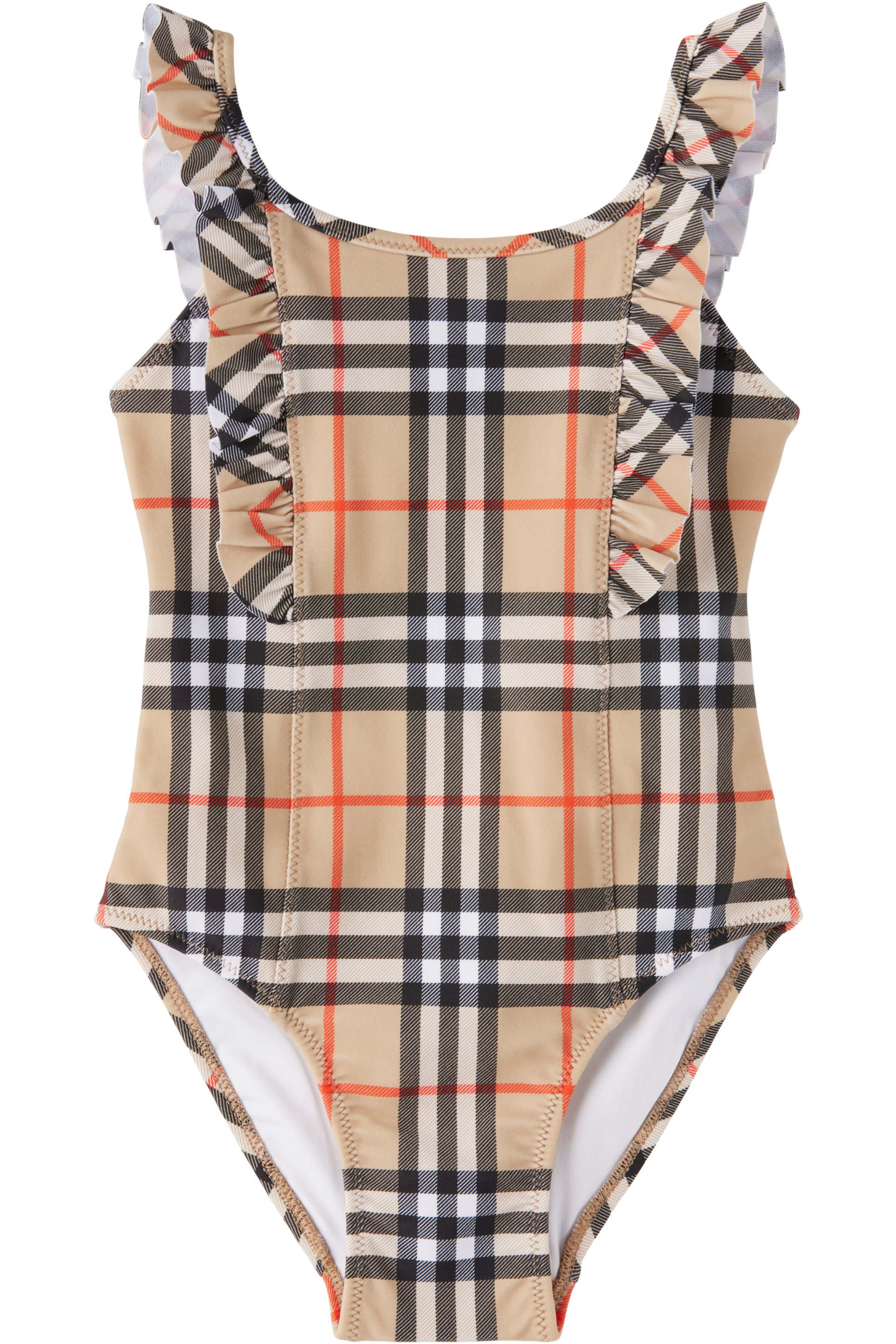 Burberry - Kids Beige Ruffle Trim Check Swimsuit