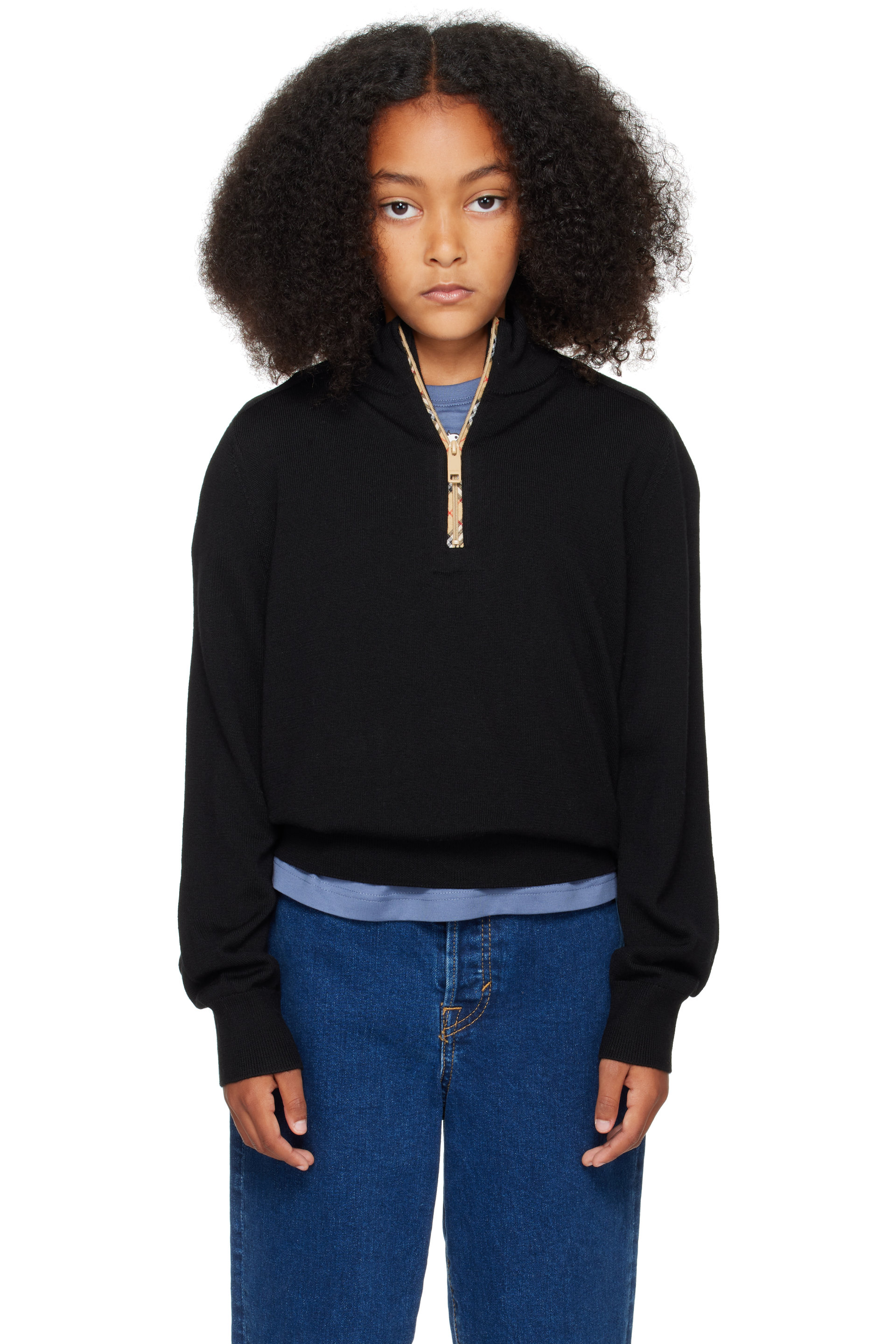 Burberry - Kids Black Check Trim Wool Half-zip Sweater