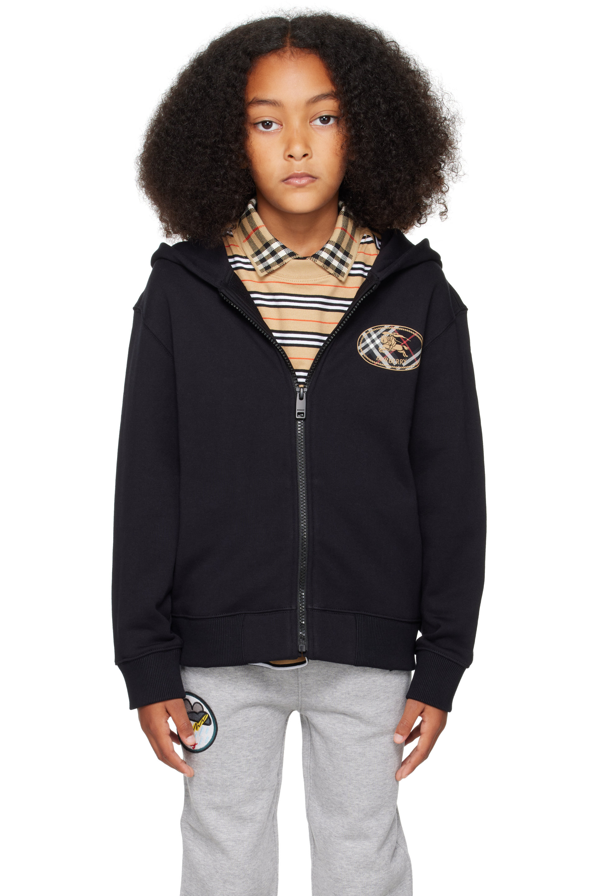 Burberry - Kids Black Check Knight Stamp Cotton Zip Hoodie