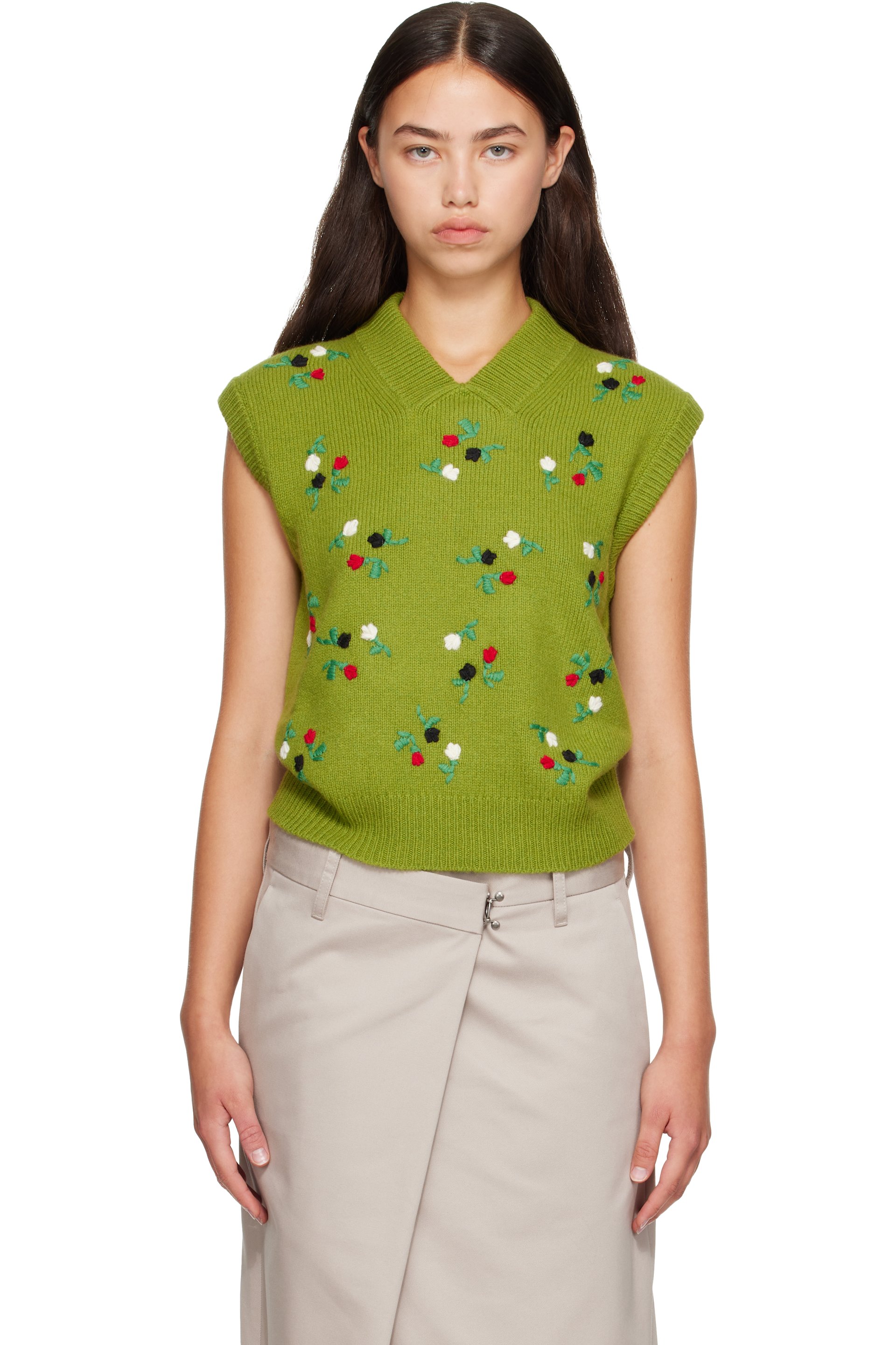 Marni - Green Wool-Cashmere Flower Embroidery Vest