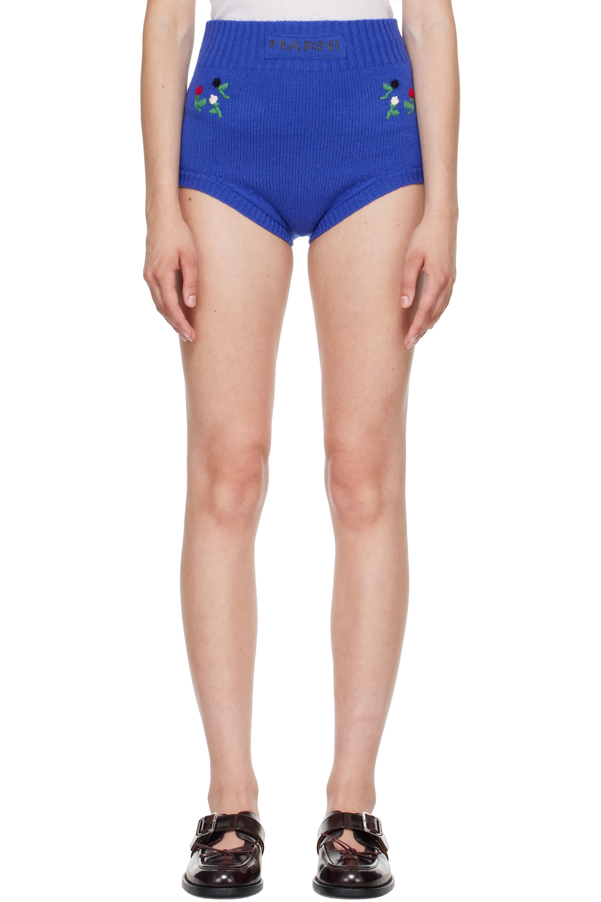 Marni - Blue Wool-Cashmere Flower Embroidery Brief Shorts
