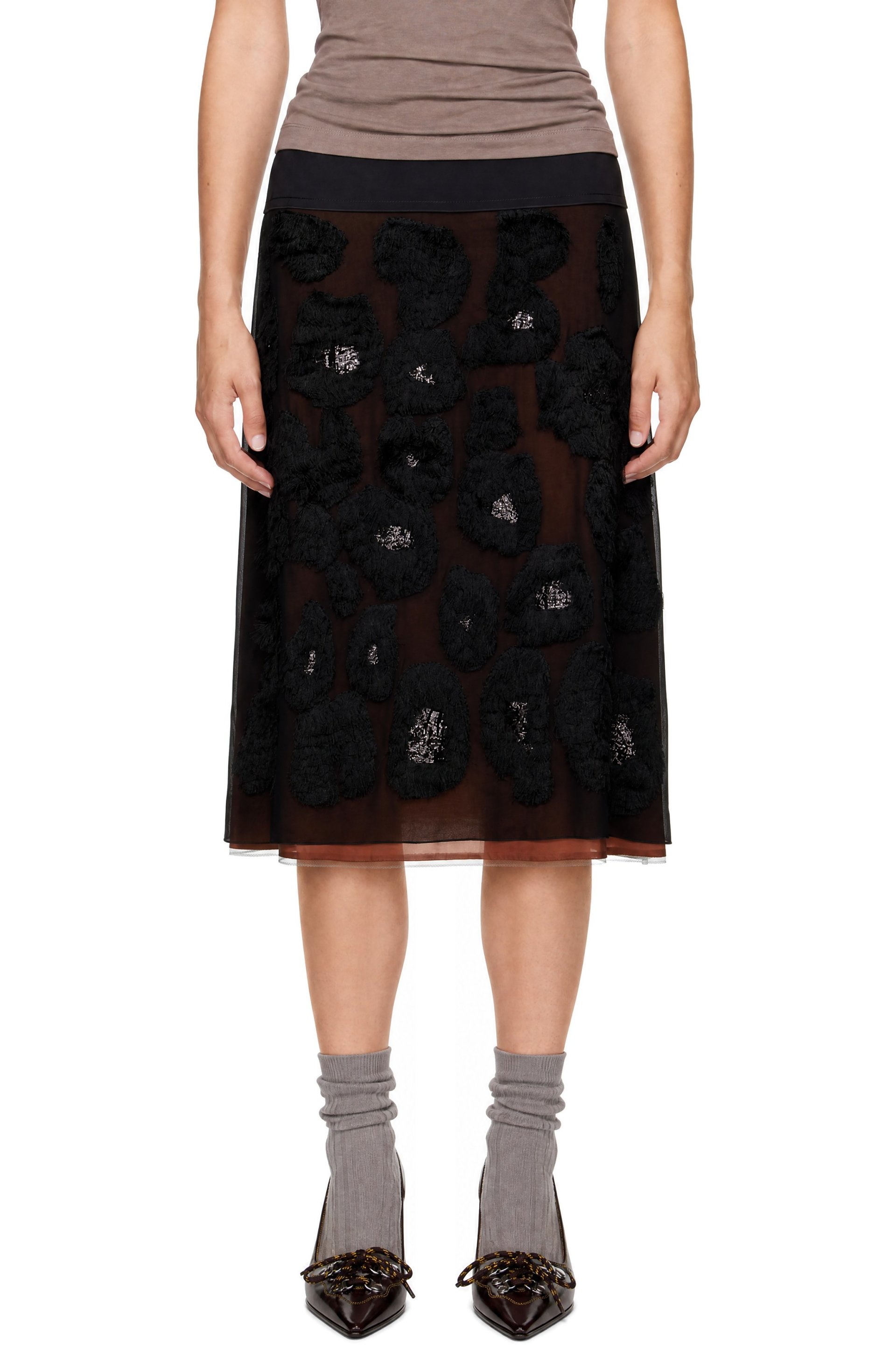 Marni - Black Georgette Shaggy Camouflage Motif Midi Skirt