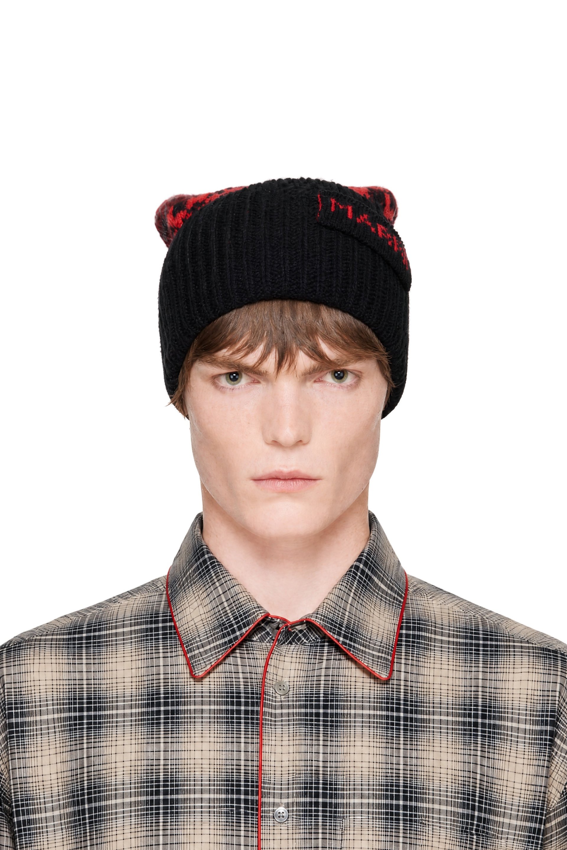 Marni - Burgundy & Black Wool Geometric Motif Beanie