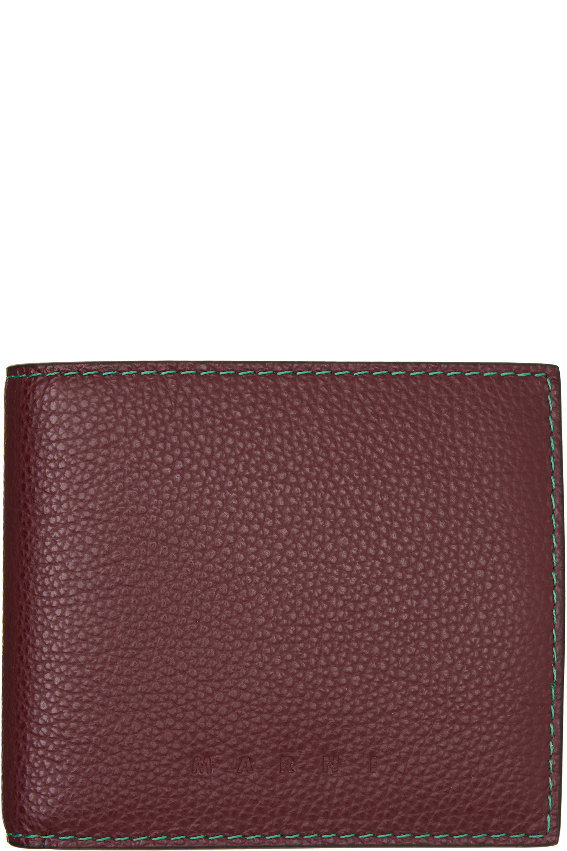 Marni - 酒红色 Contrast Stitching Leather 钱包