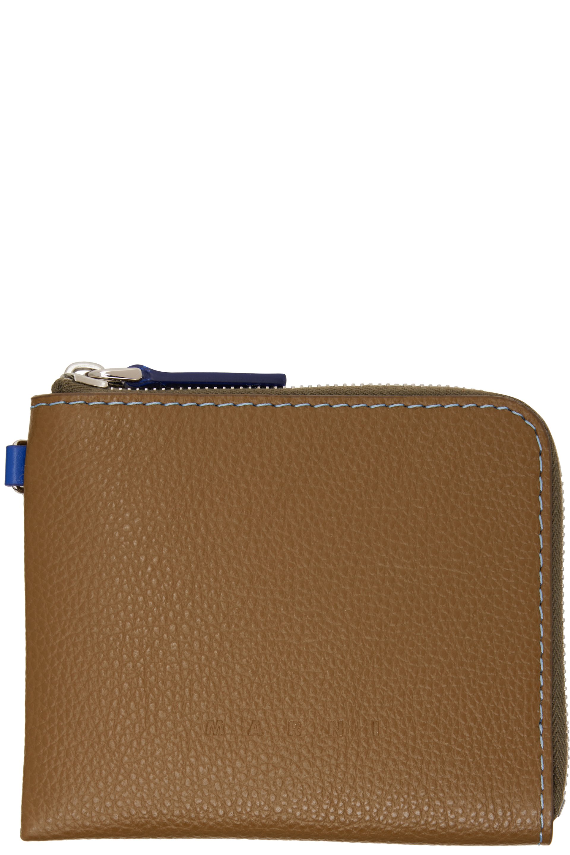 Marni - 卡其色 Contrast Stitching Leather Zip 钱包