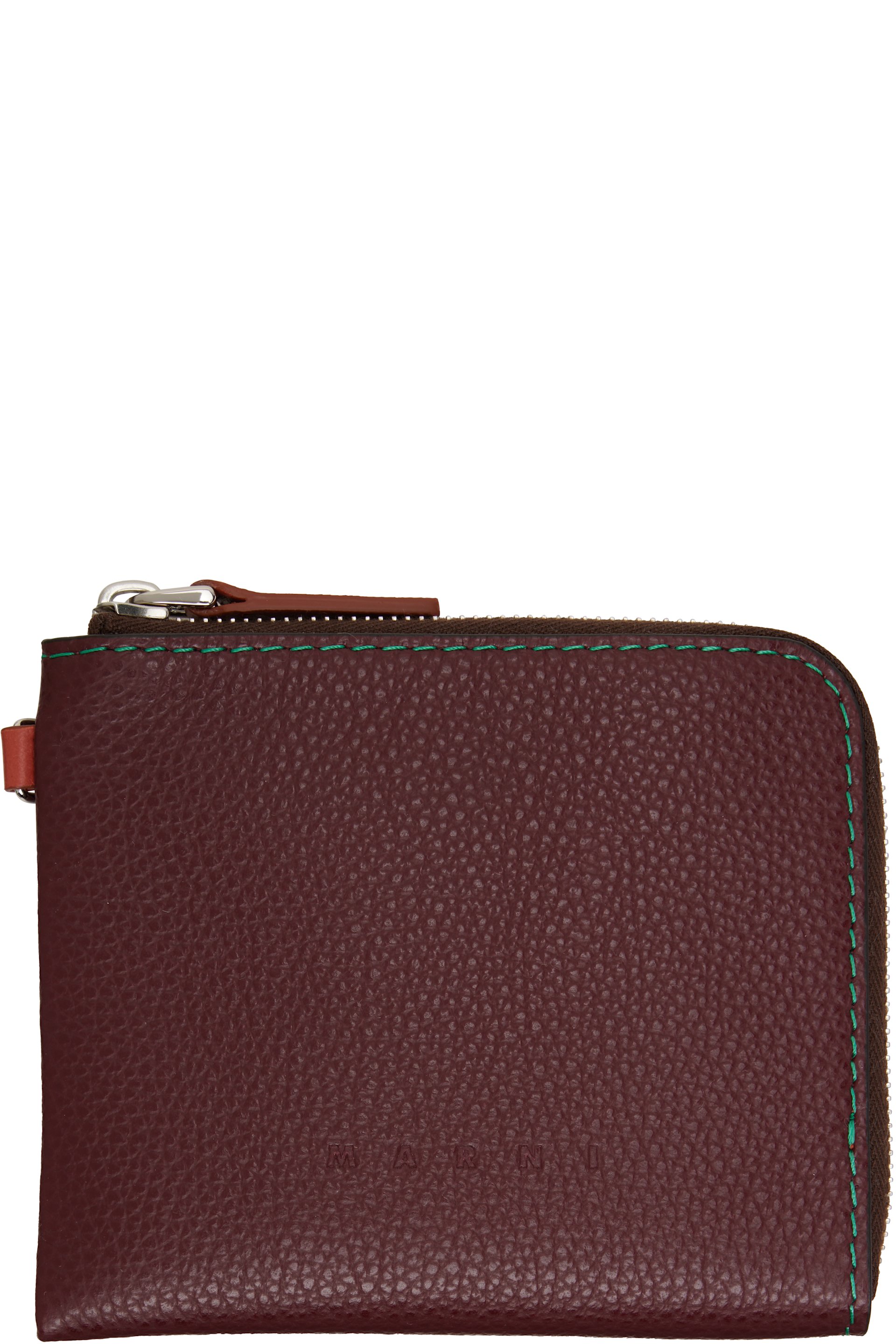 Marni - 酒红色 Contrast Stitching Leather Zip 钱包