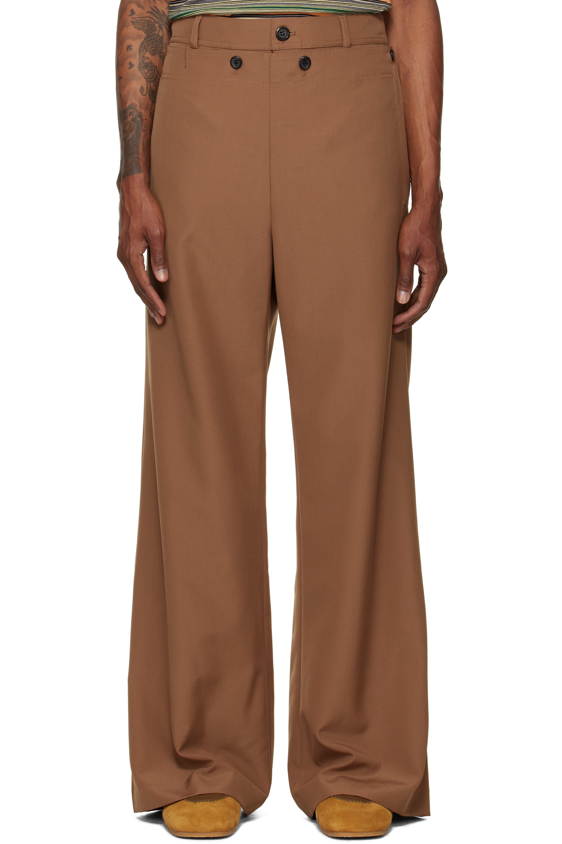 Marni - Pantalon brun en laine technique à rabat