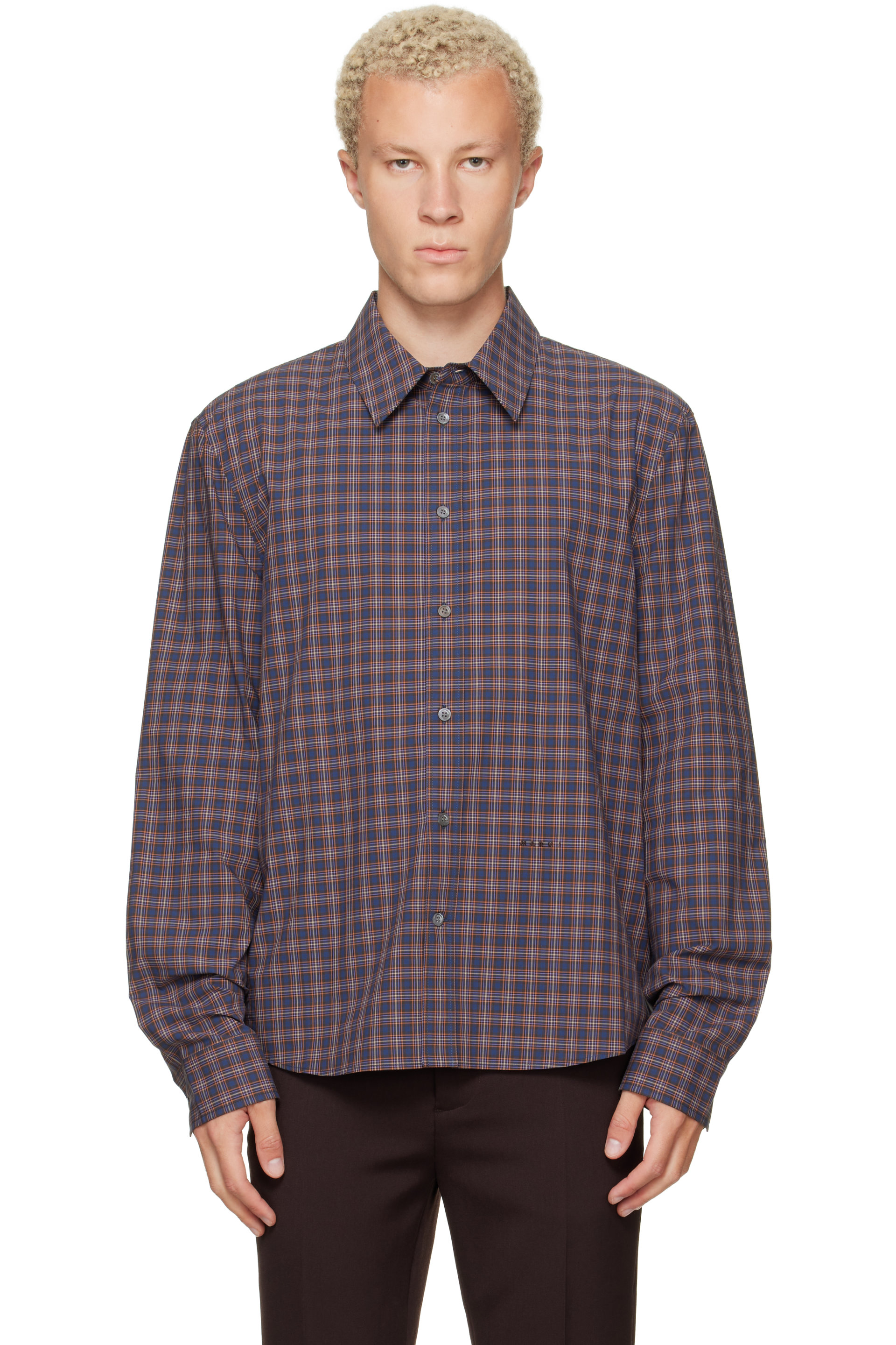 Marni - Chemise bleu marine en coton à carreaux