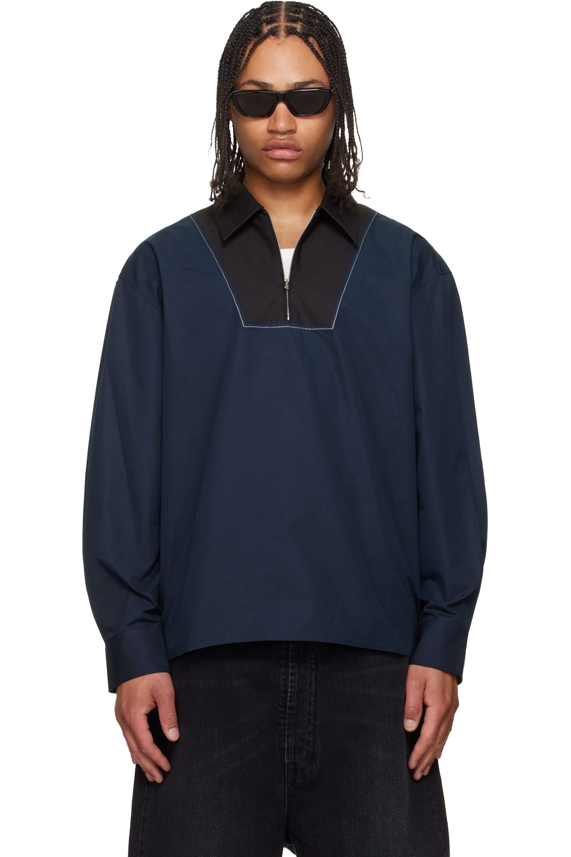 Marni - Chemise bleu marine en popeline à demi-glissière
