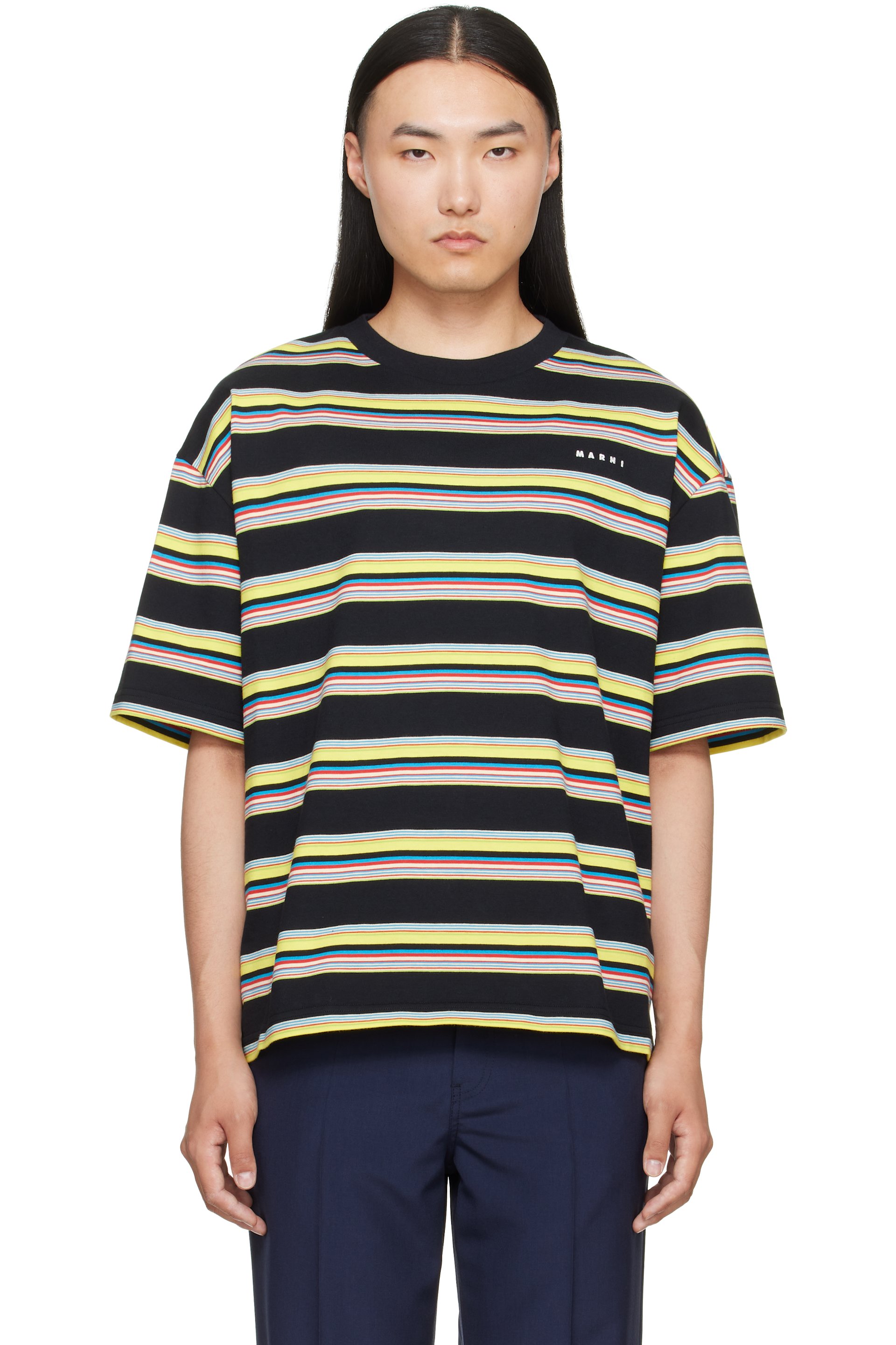 Marni - T-shirt noir et jaune à rayures