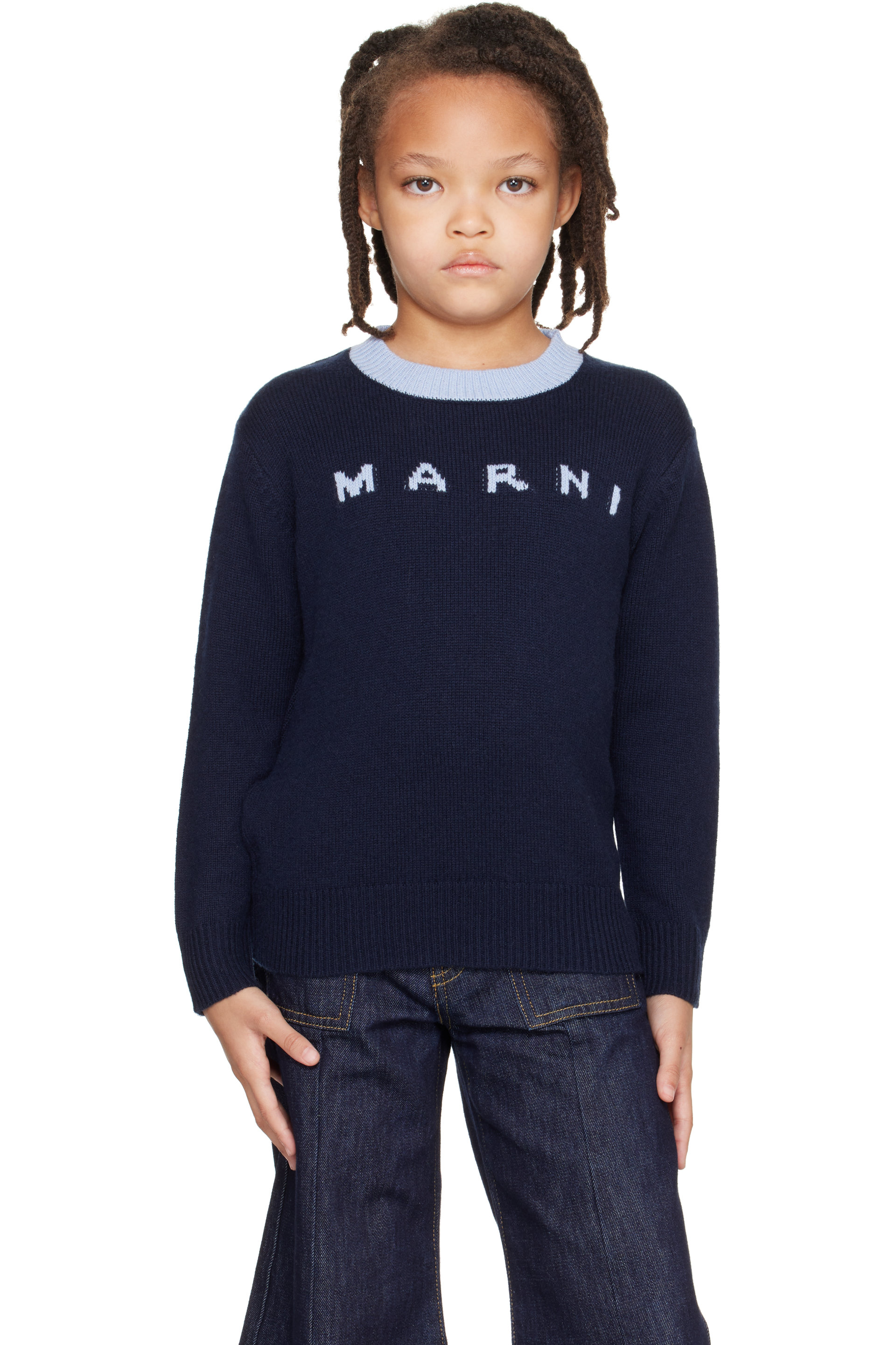 Marni - Kids Navy Intarsia Logo Sweater