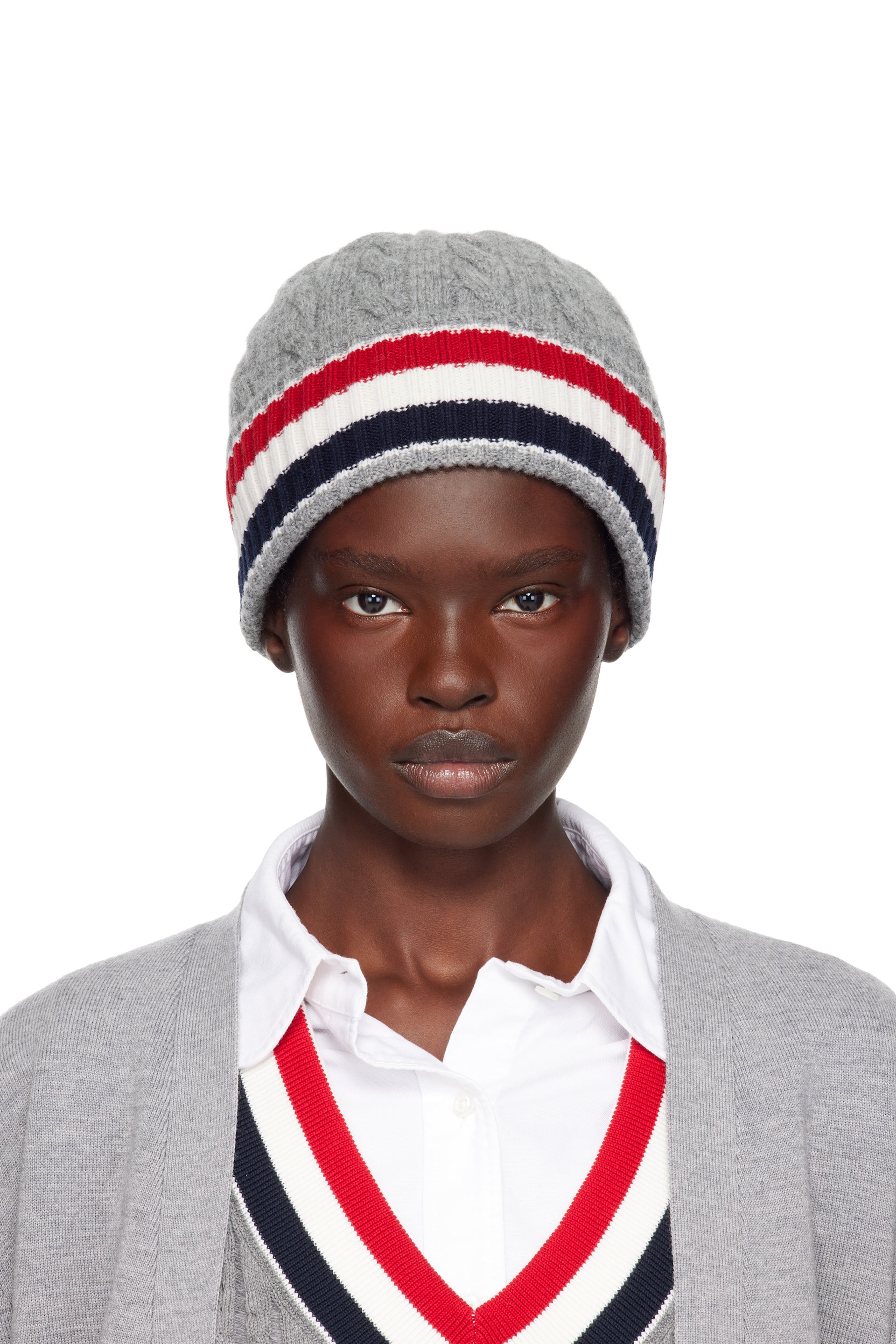Thom Browne - Gray Cable & Rib Merino Wool RWB Stripe Beanie