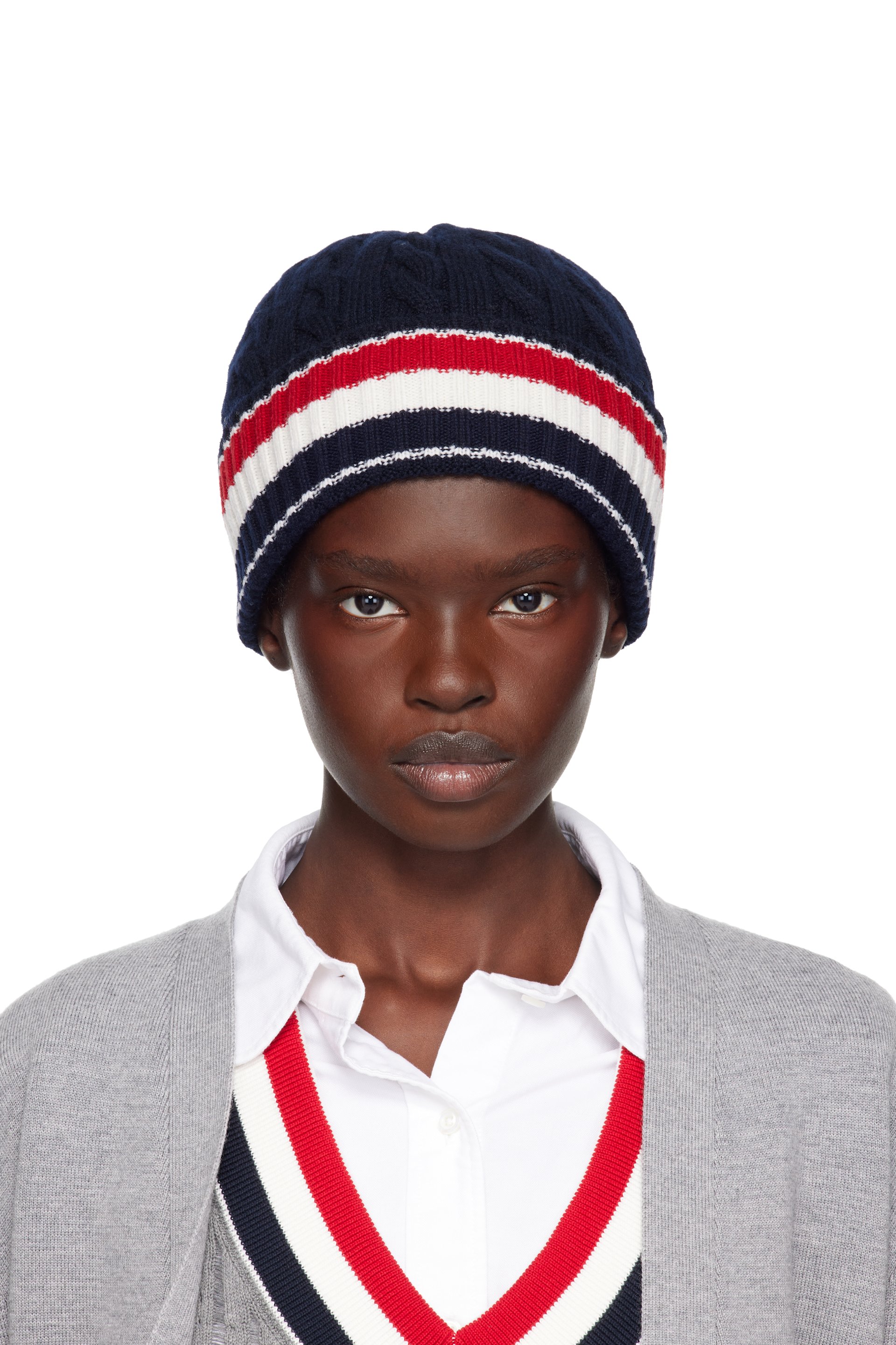 Thom Browne - Navy Cable & Rib Merino Wool RWB Stripe Beanie