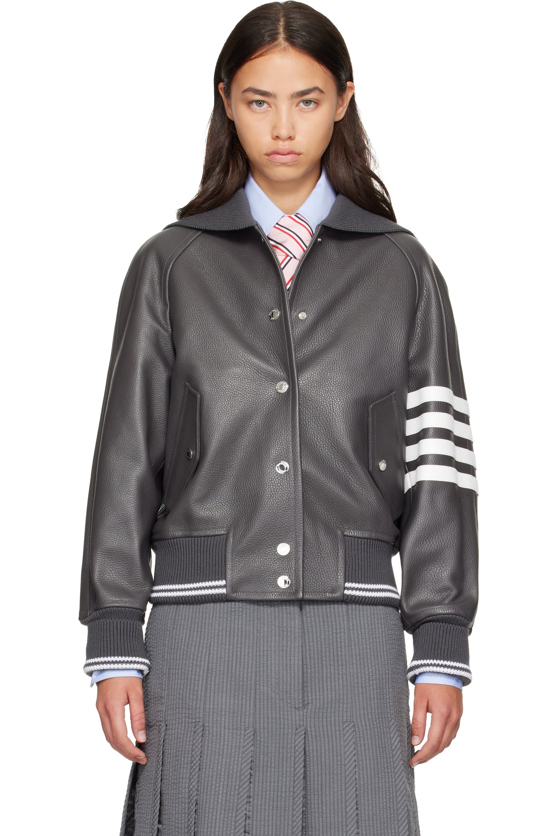 Thom Browne - Blouson surdimensionné gris en cuir à quatre rayures