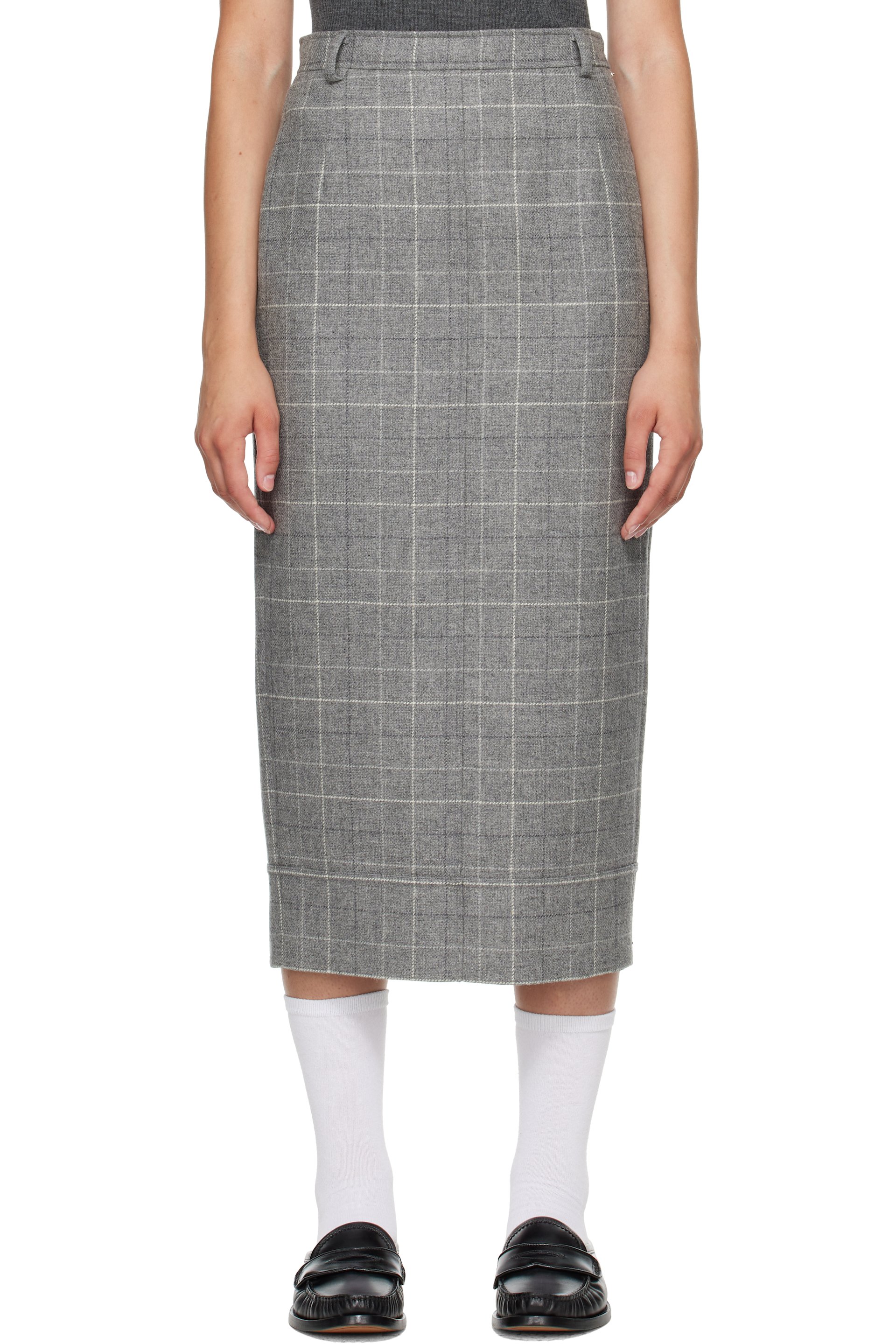 Thom Browne - Gray High-Waisted Check Flannel Midi Skirt