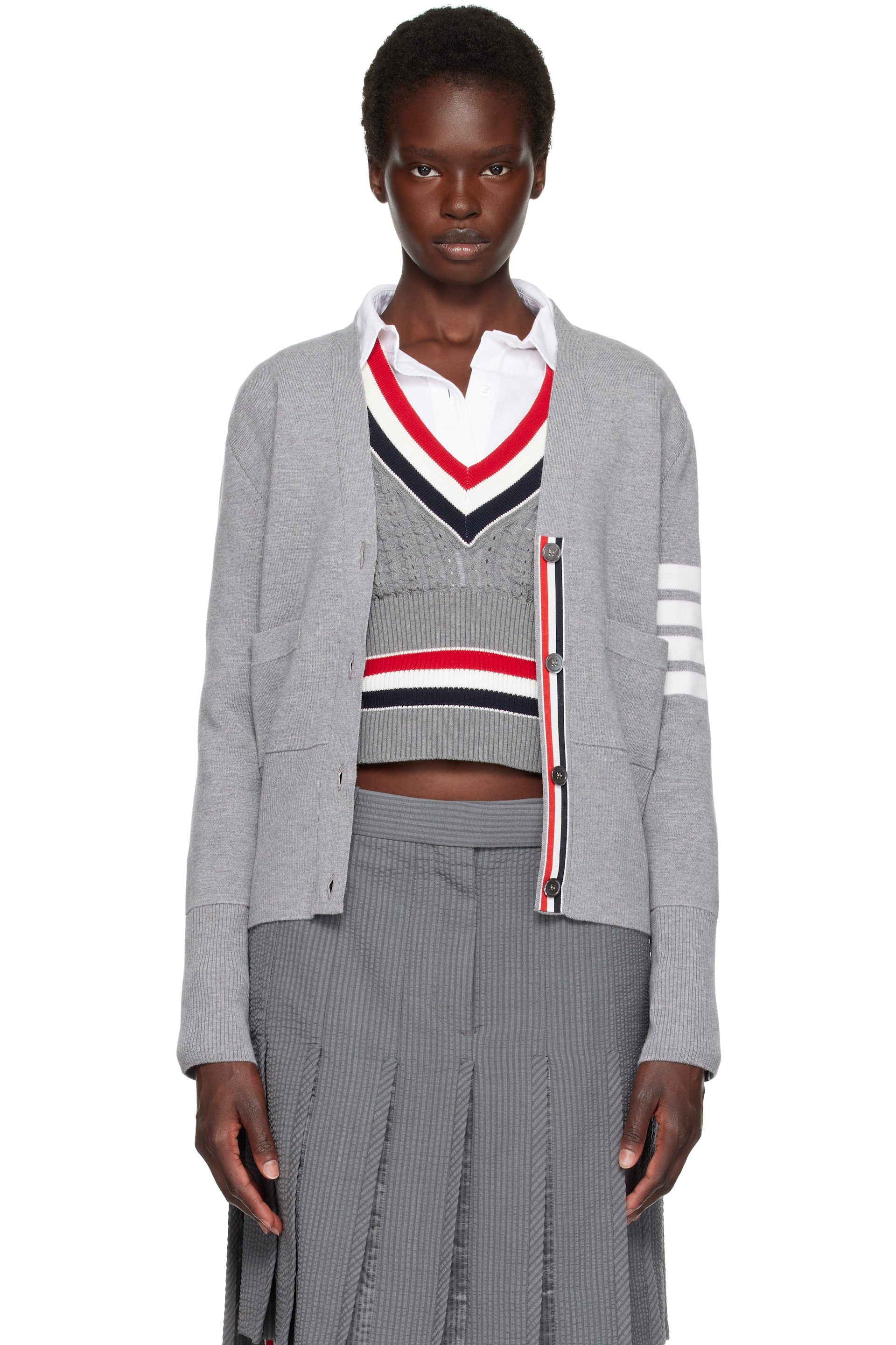 Thom Browne - Gray Wool 4-Bar V-Neck Cardigan