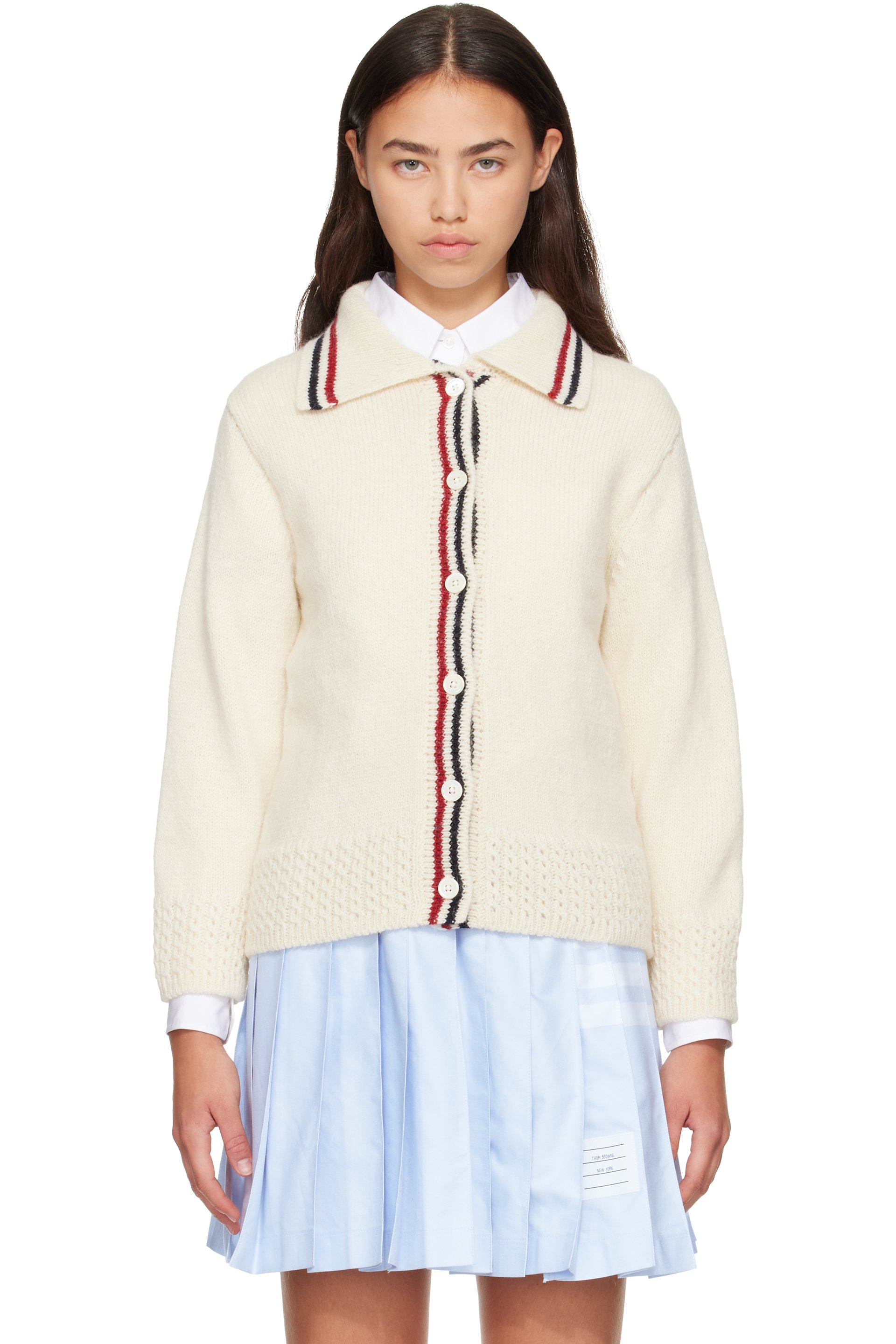 Thom Browne - Cardigan blanc cassé à garnitures en pointelle et à logo Hector