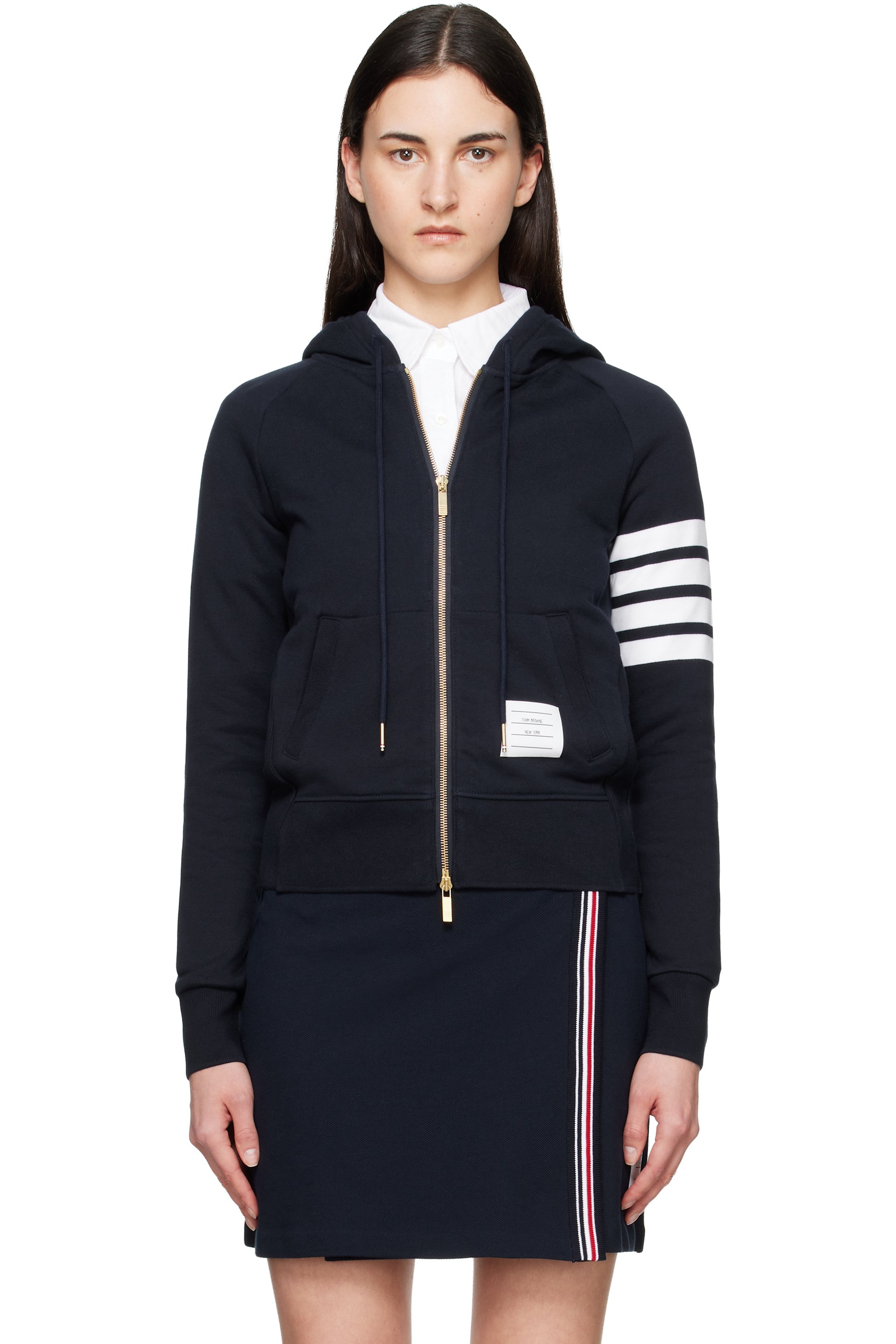 Thom Browne - Pull à capuche bleu marine à quatre rayures et à glissière