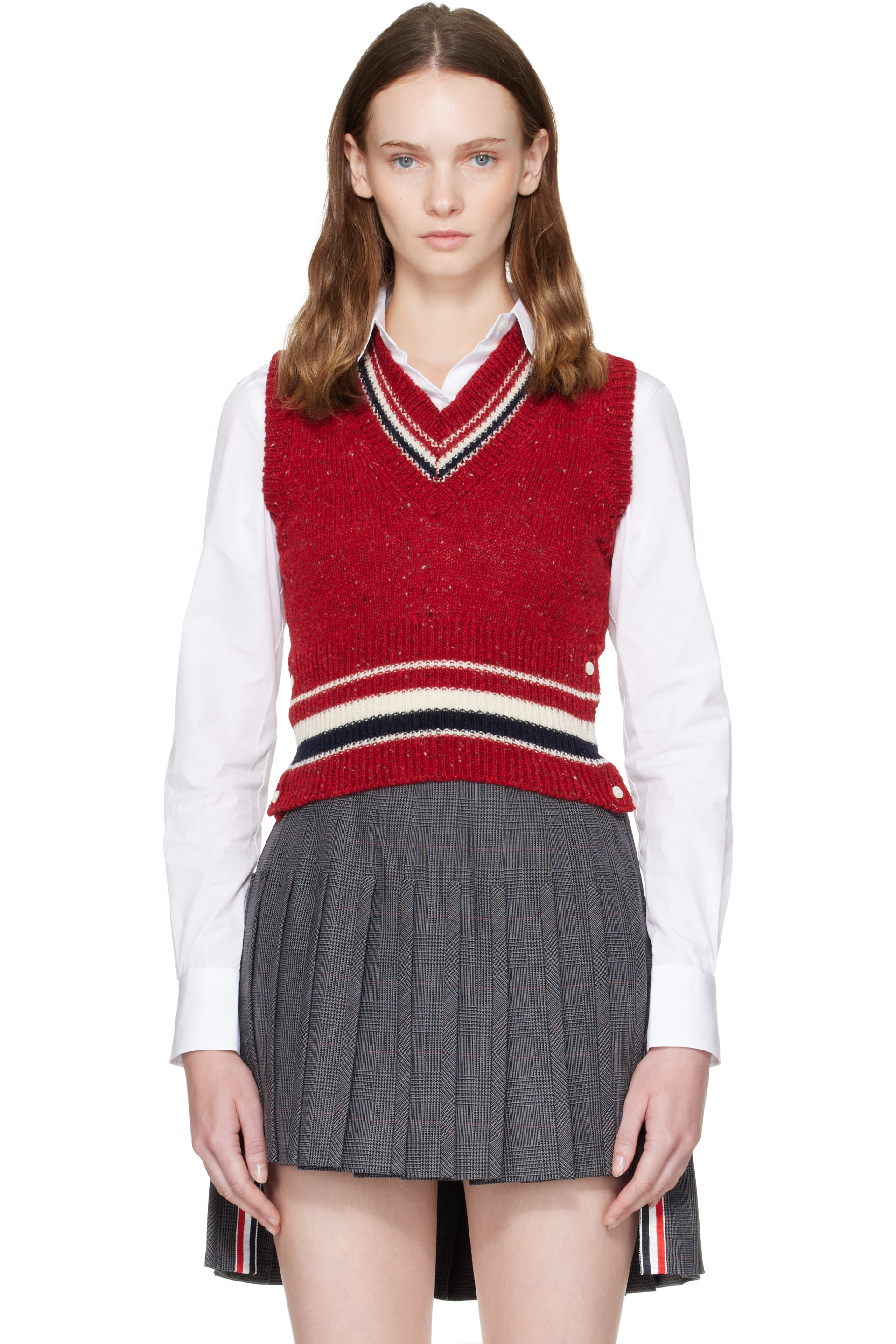 Thom Browne - Gilet rouge à logo Hector en pointelle et à col en V
