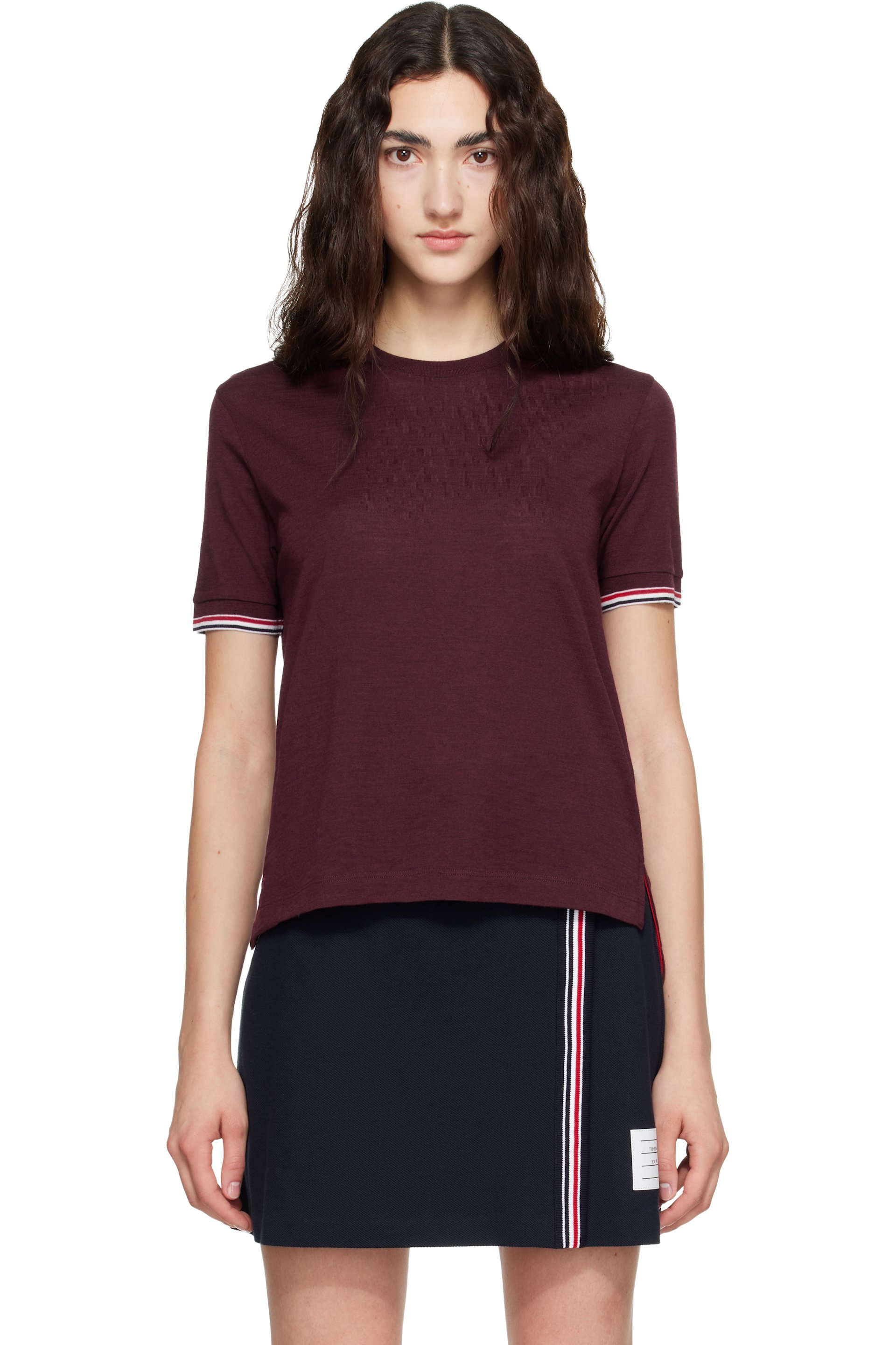 Thom Browne - Burgundy Rib Cuff RWB Tipping Wool Jersey T-shirt