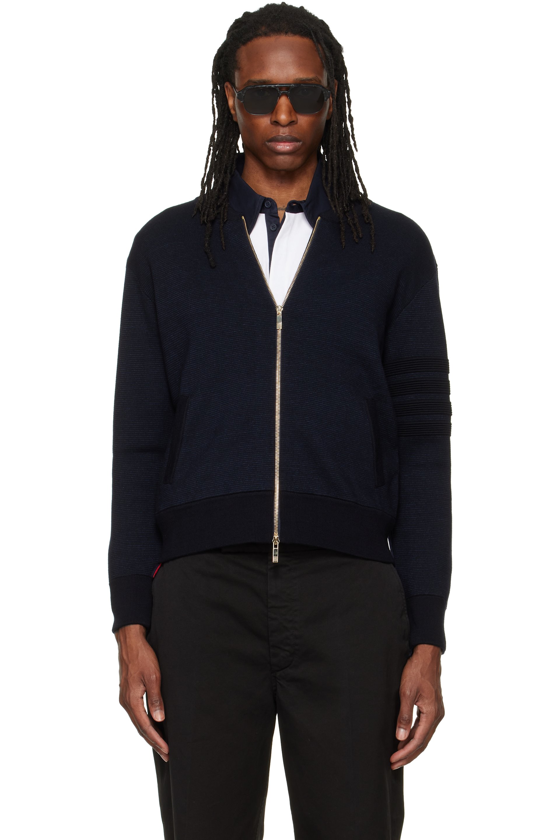 Thom Browne - Navy Ottoman Milano Stitch 4-Bar Bomber Jacket