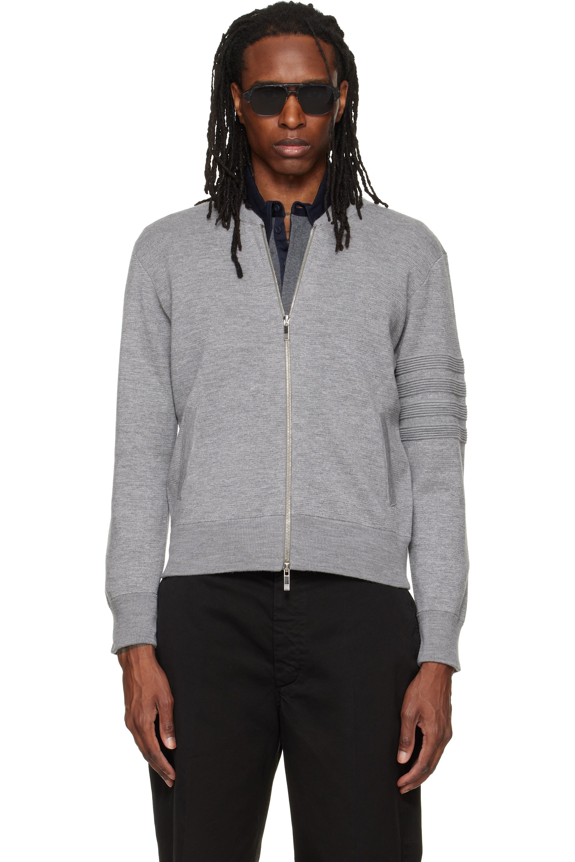 Thom Browne - Gray Ottoman Milano Stitch 4-Bar Bomber Jacket
