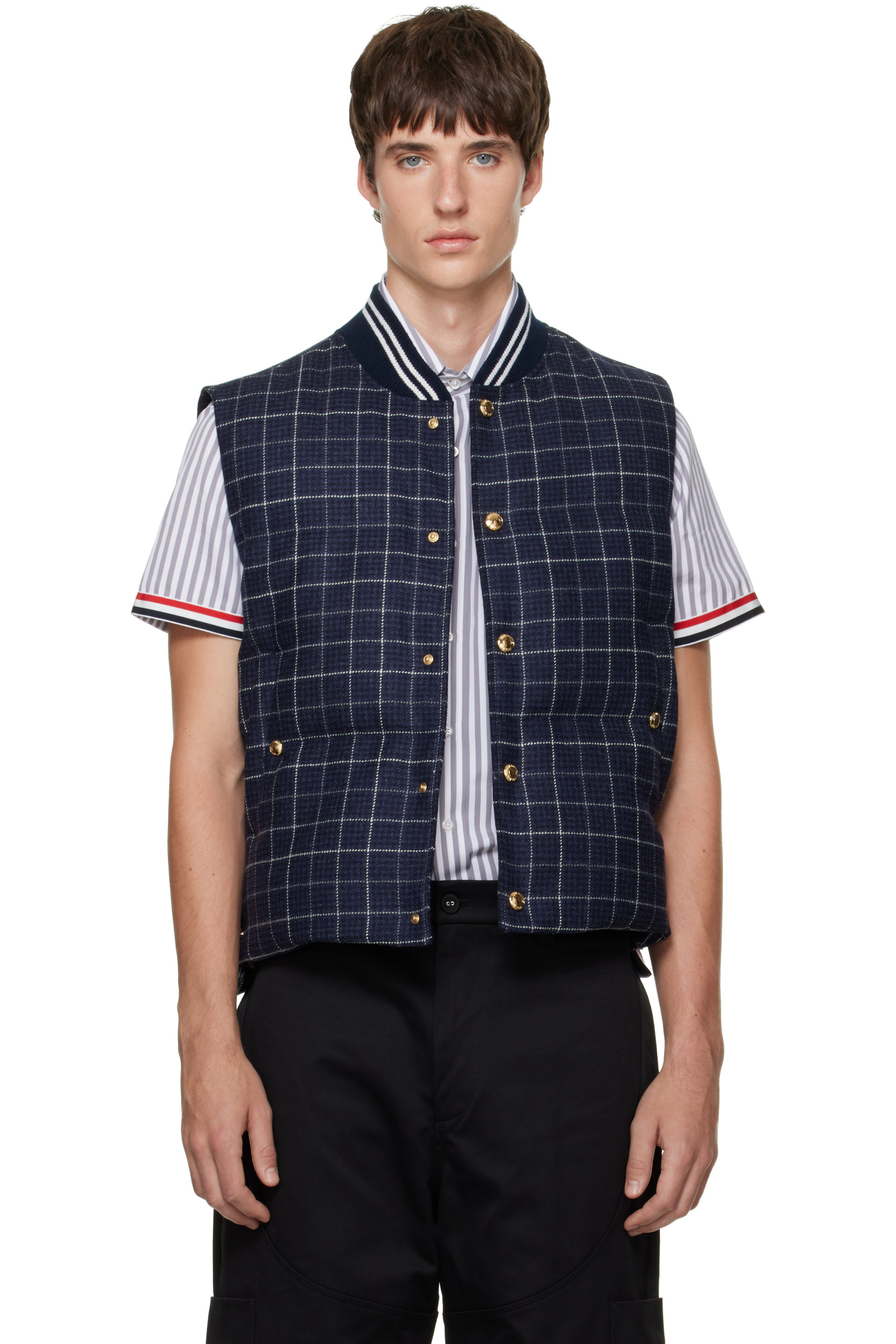Thom Browne - Navy Down Snap-Front Windowpane Tweed Vest