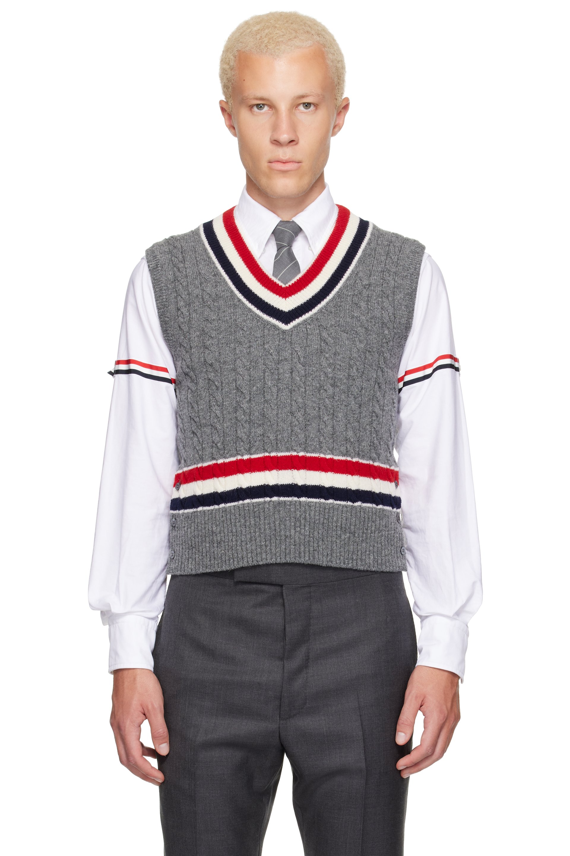 Thom Browne - Gray Baby Cable V-Neck Cricket RWB Vest