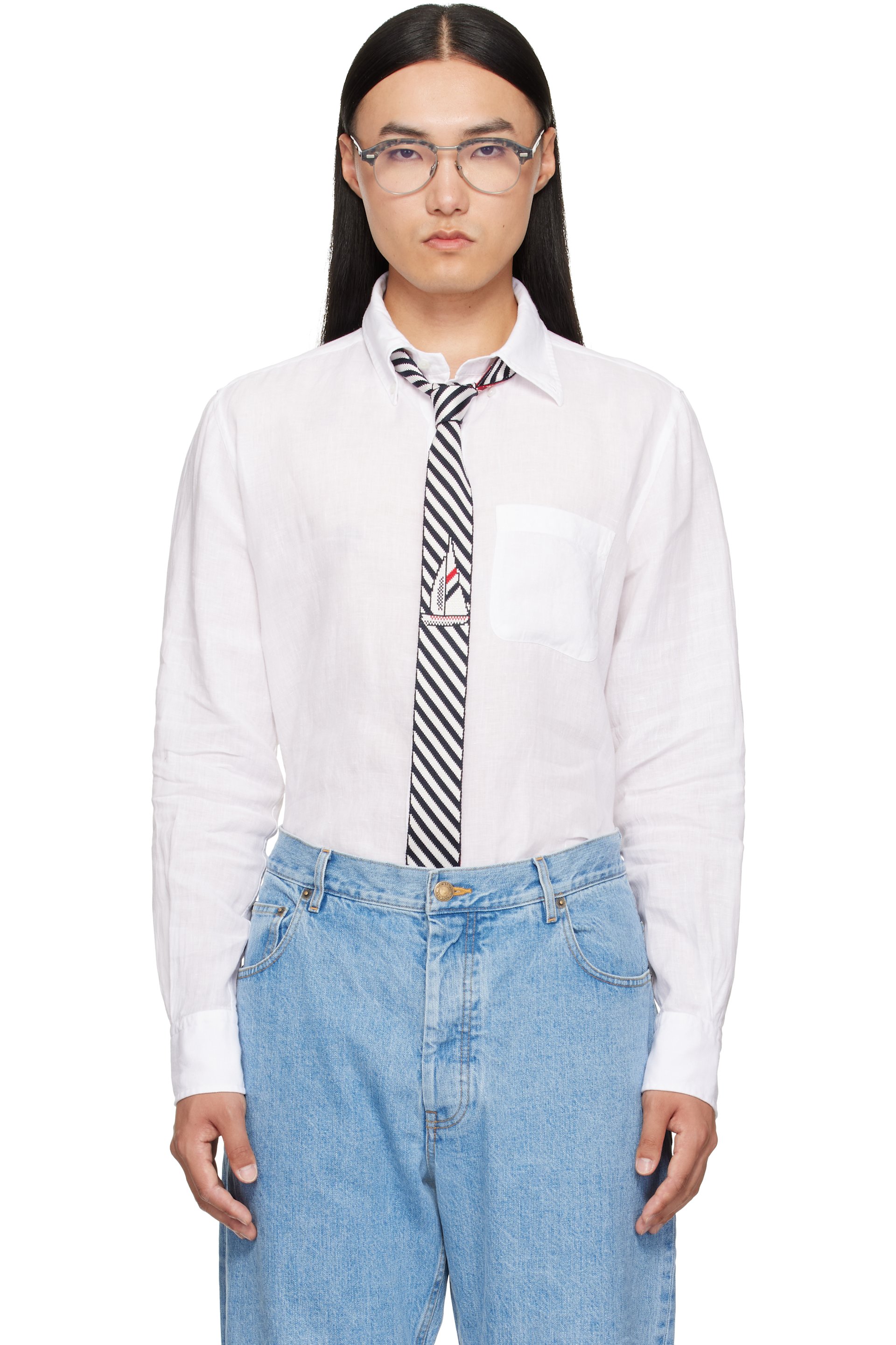 Thom Browne - Chemise blanche en lin à quatre rayures