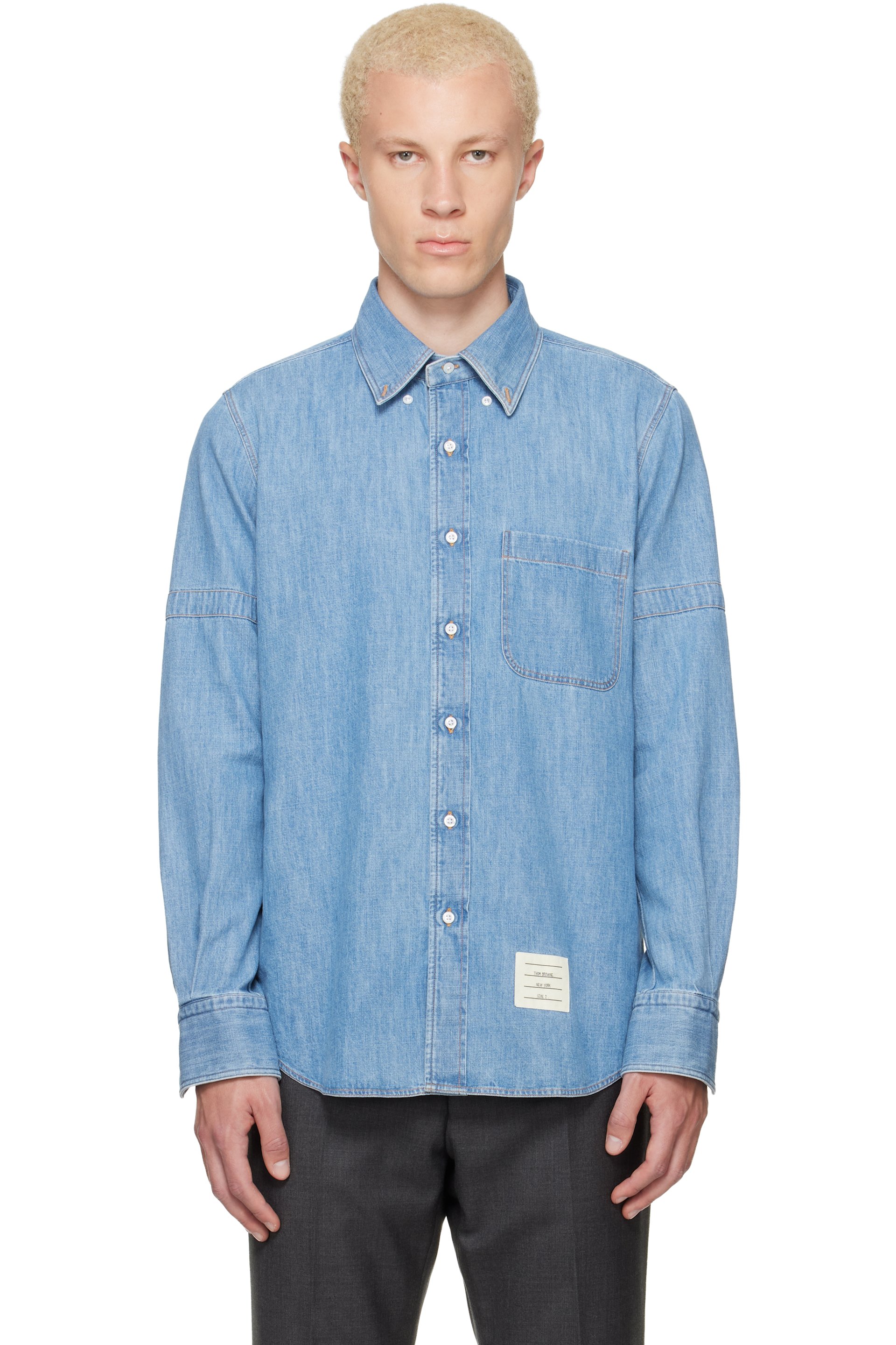 Thom Browne - Chemise bleue en denim à garnitures de style brassard