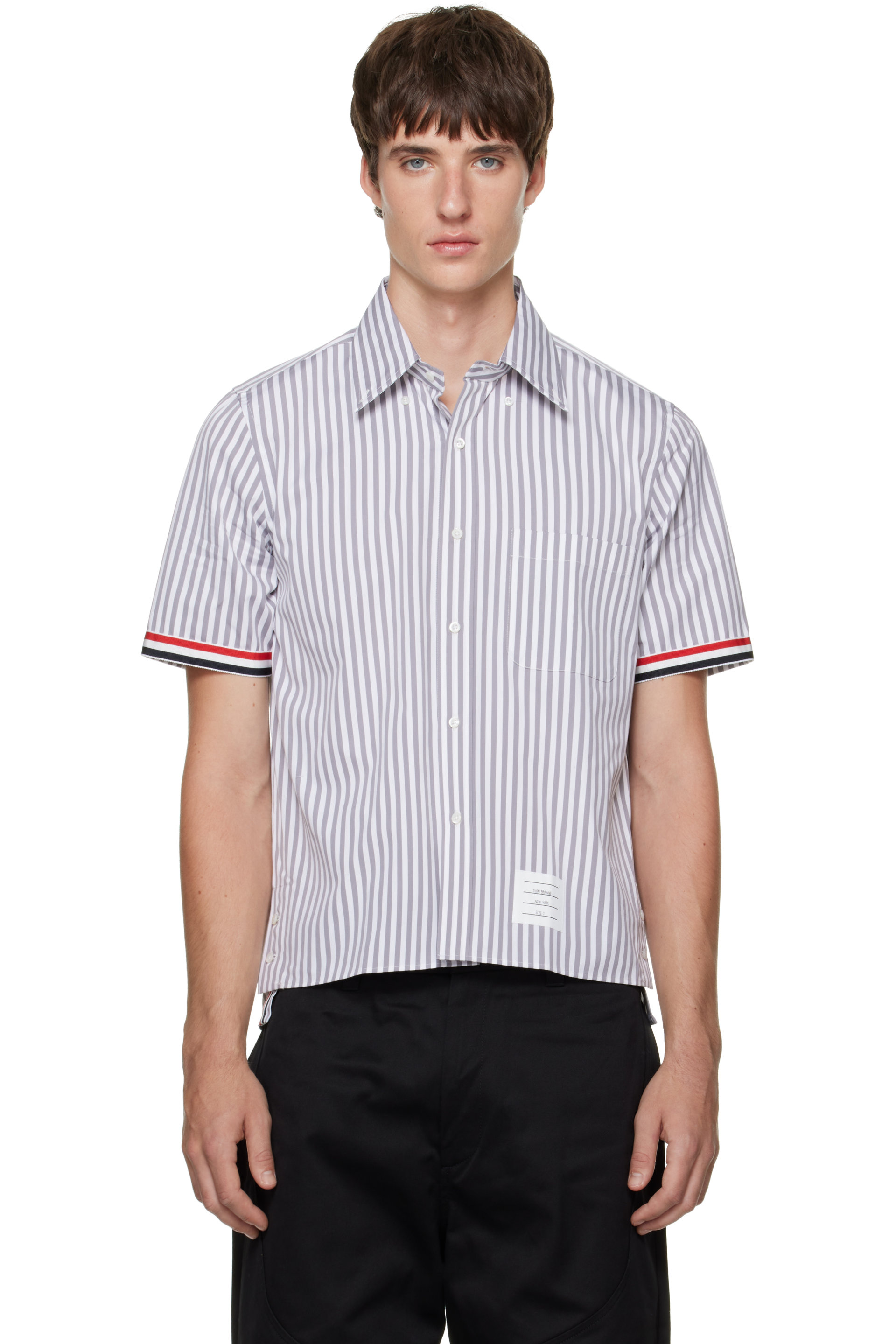 Thom Browne - Chemise droite de style collégial blanc et gris à rayures