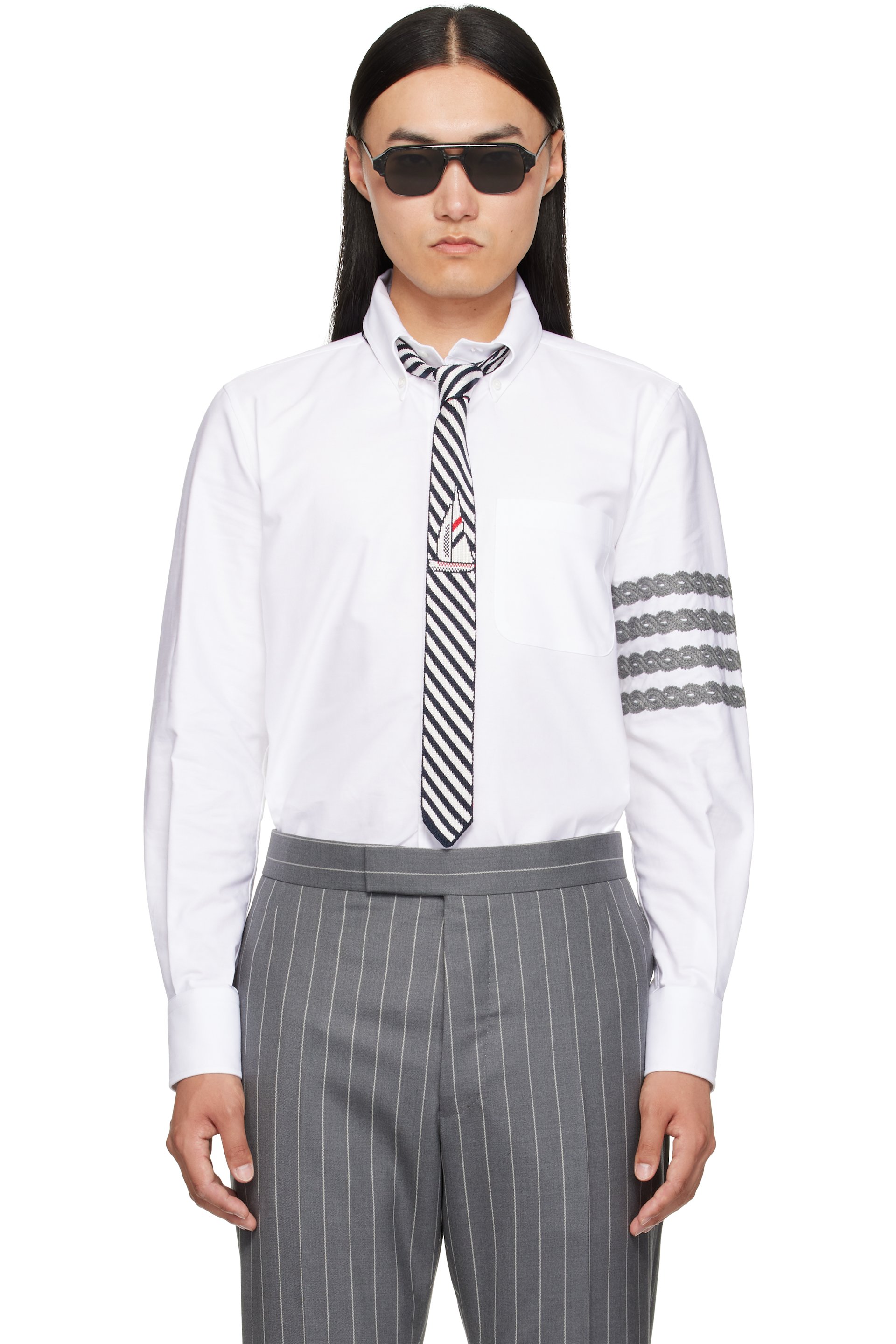Thom Browne - Chemise Unraveling blanche à quatre rayures