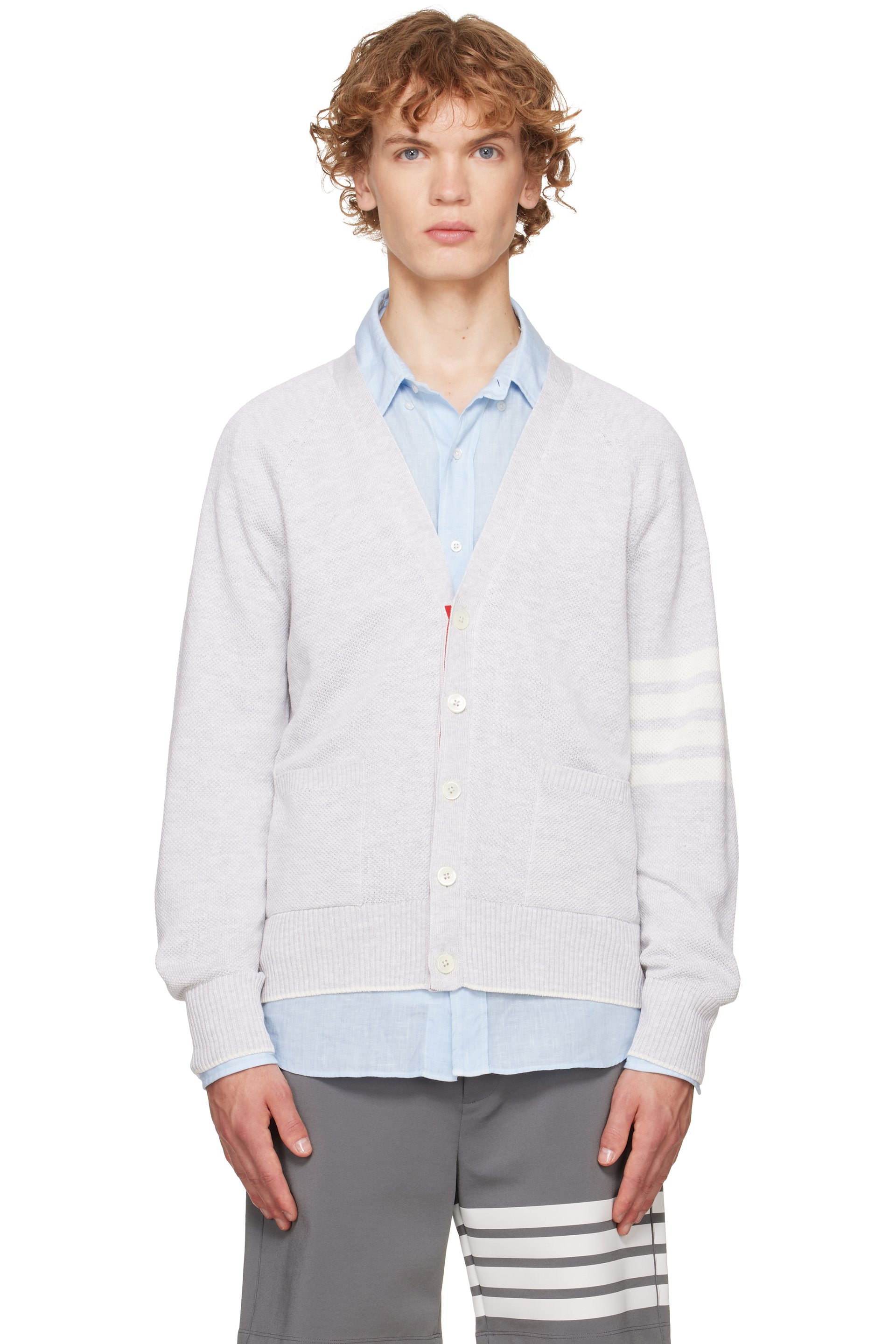 Thom Browne - Gray Linen Cotton 4-Bar Relaxed Fit Cardigan