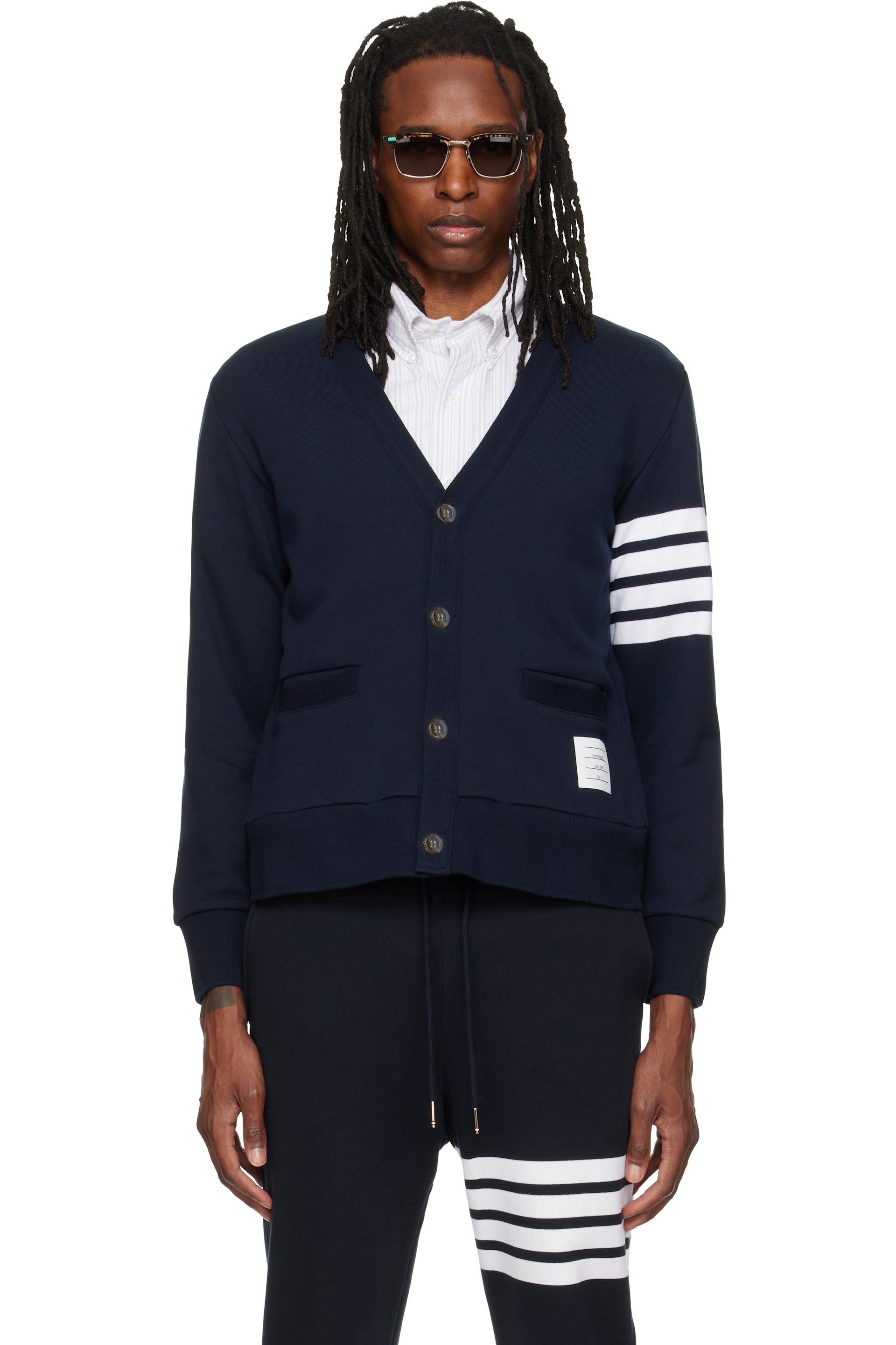 Thom Browne - Navy Loopback 4-Bar Boat Embroidery Cardigan