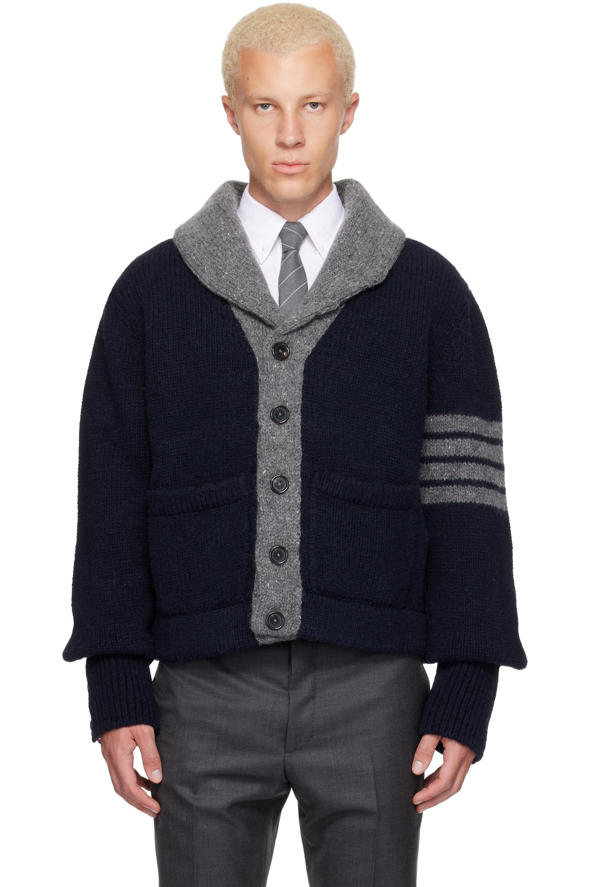 Thom Browne - Navy & Gray 'Browne 65' Jersey Intarsia Shawl Collar Cardigan